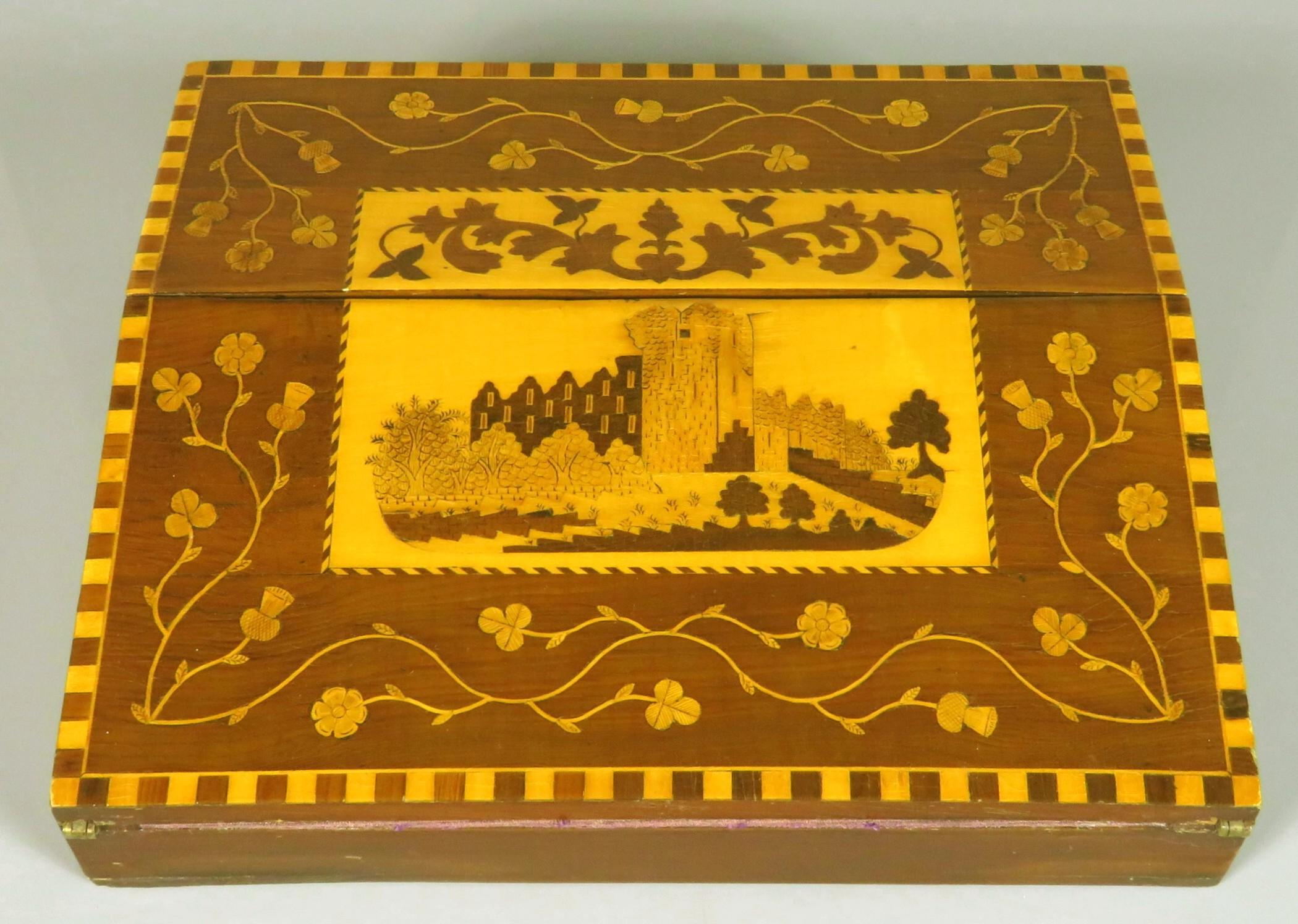 Victorian A Rare 19th Century Killarney Ware Marquetry Writing Slope, Ireland Circa 1875