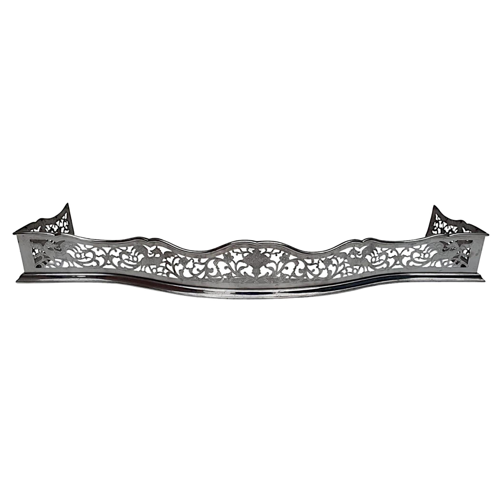 Rare 19th Century Polished Steel Fender with Flower and Dragon Detail For Sale