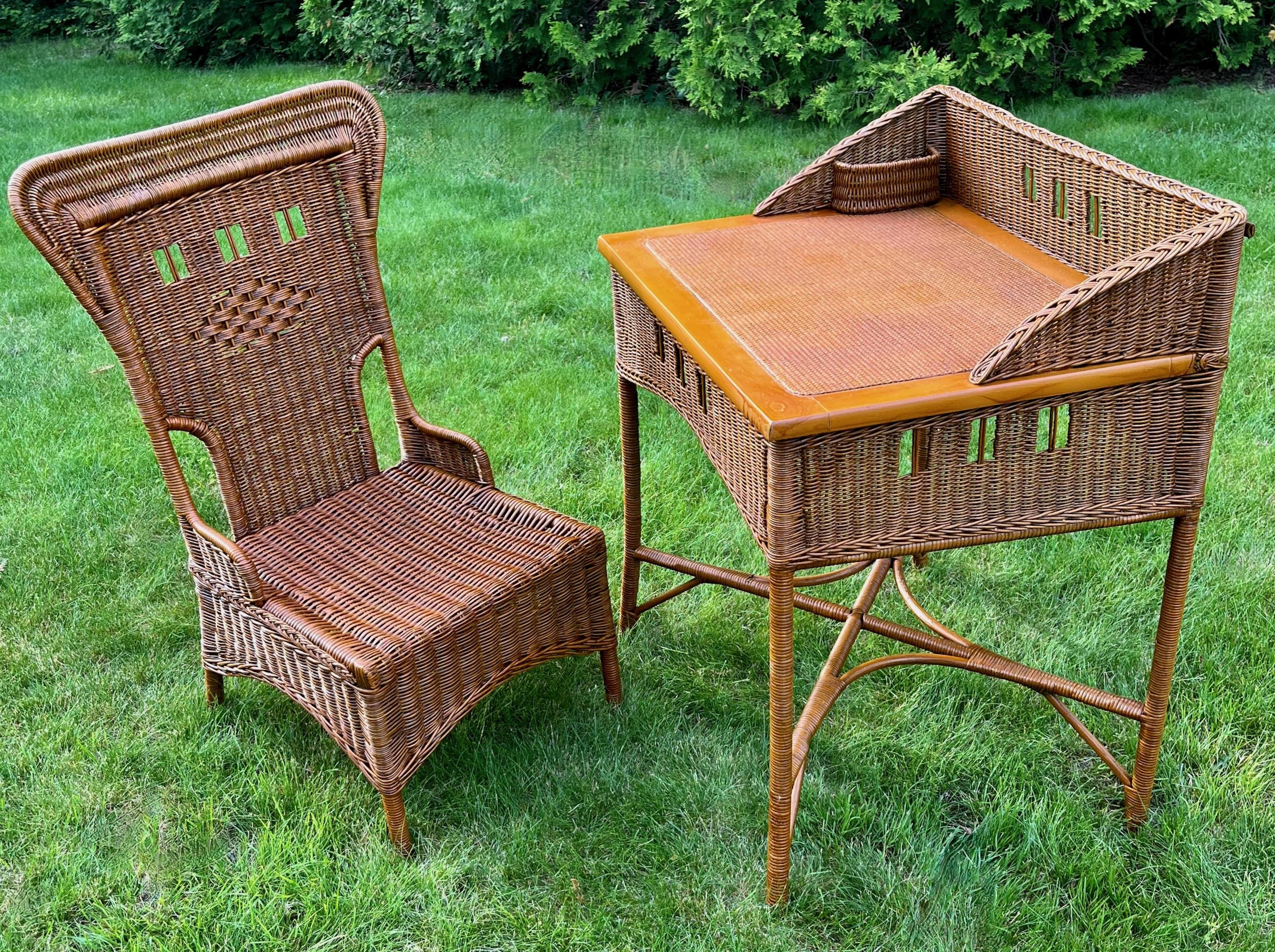 Rare ensemble de 5 pièces de mobilier de bibliothèque et de véranda en osier de style Arts and Crafts en vente 6