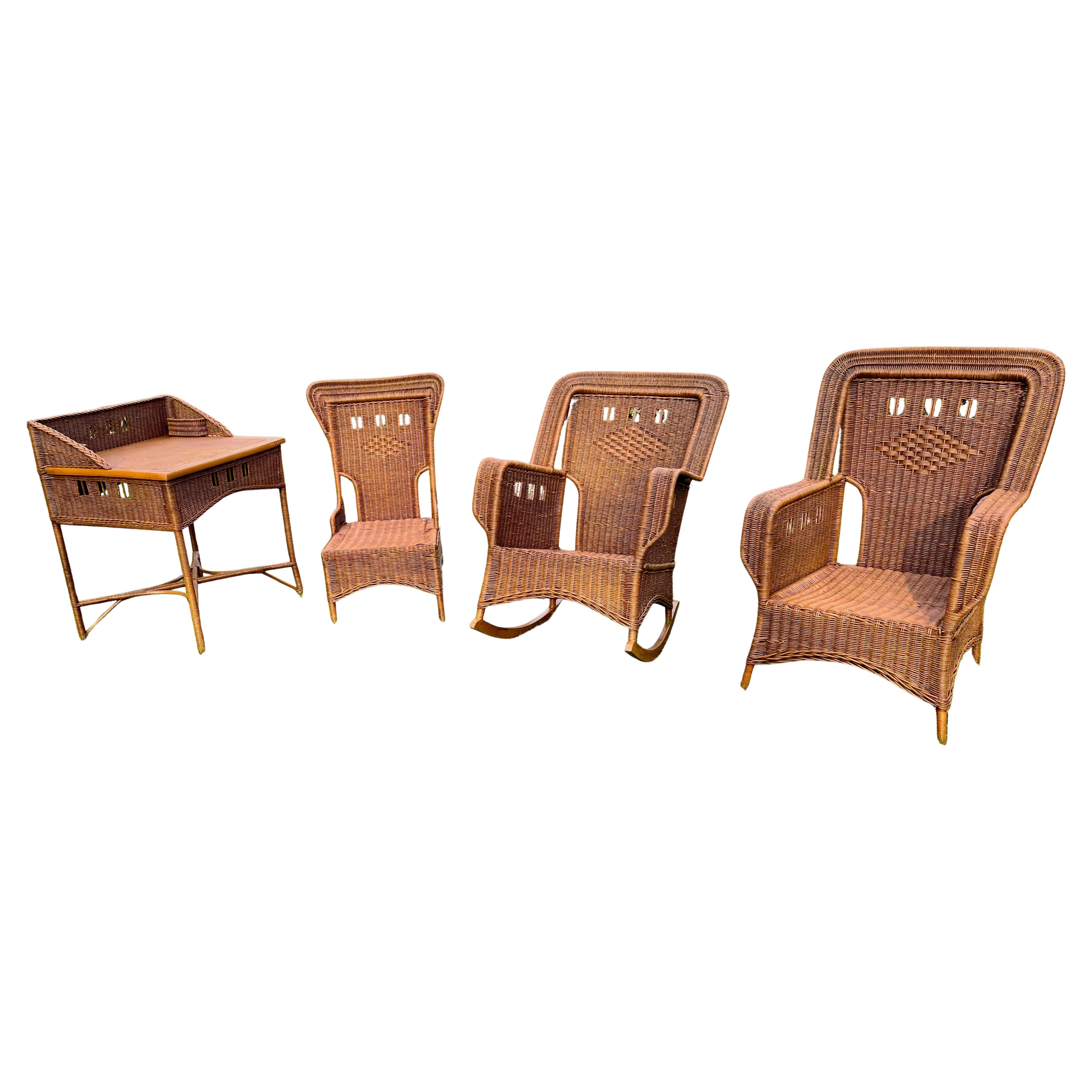 A Rare 5 Piece Suite of Arts and Crafts Wicker Library / Porch Furnishings