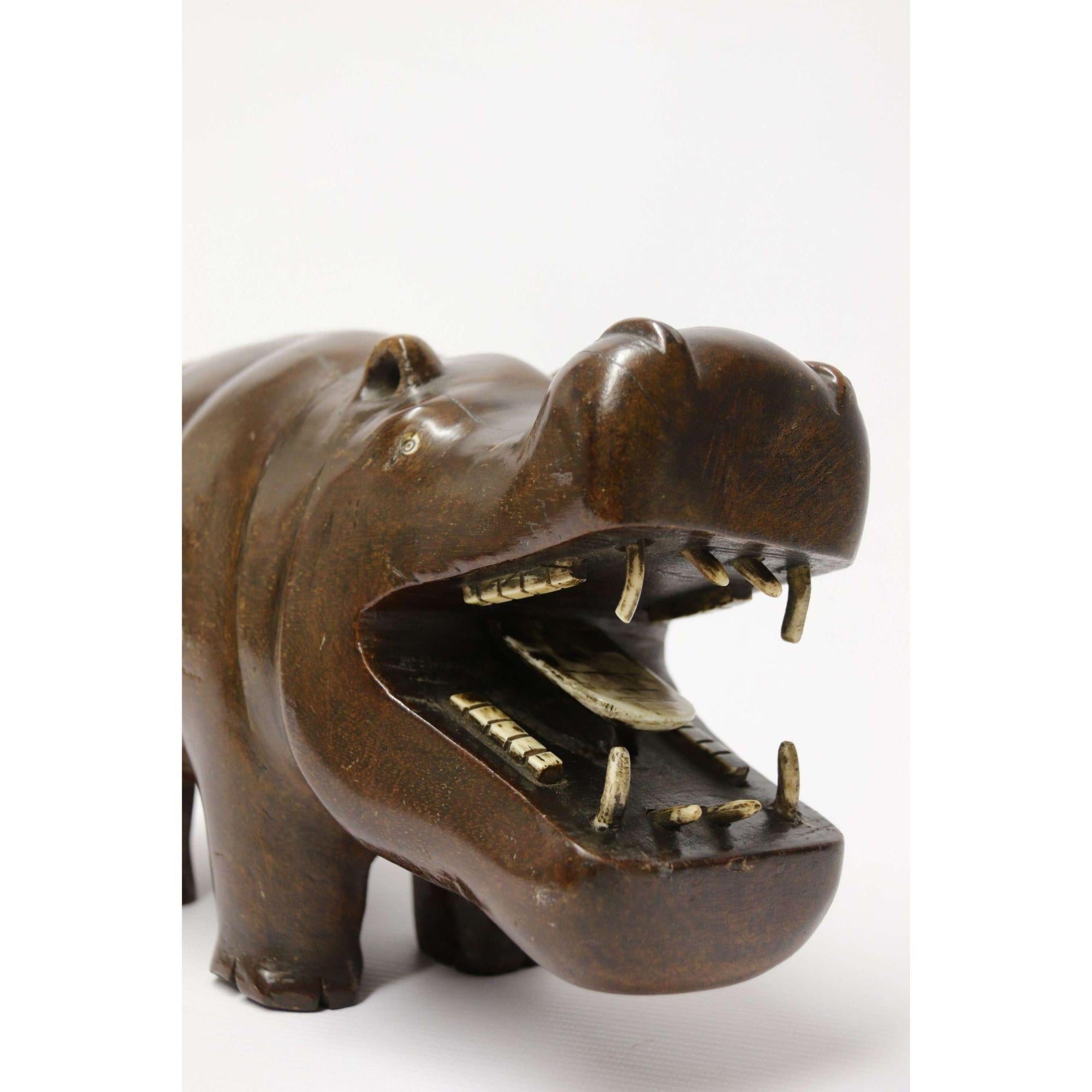 Rare African Carved Hardwood and Bone Study of a Hippopotamus, circa 1920 For Sale 4