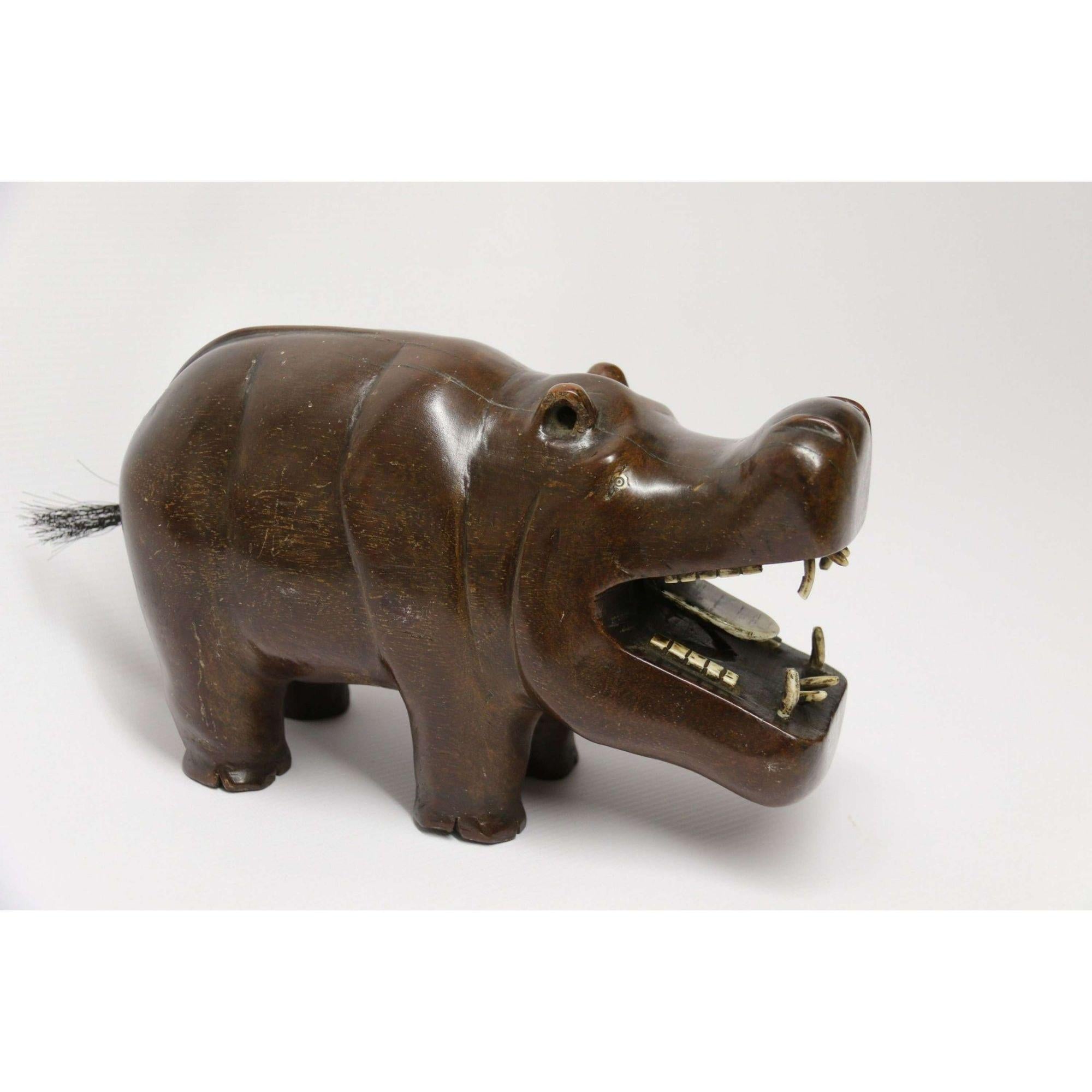 20th Century Rare African Carved Hardwood and Bone Study of a Hippopotamus, circa 1920 For Sale