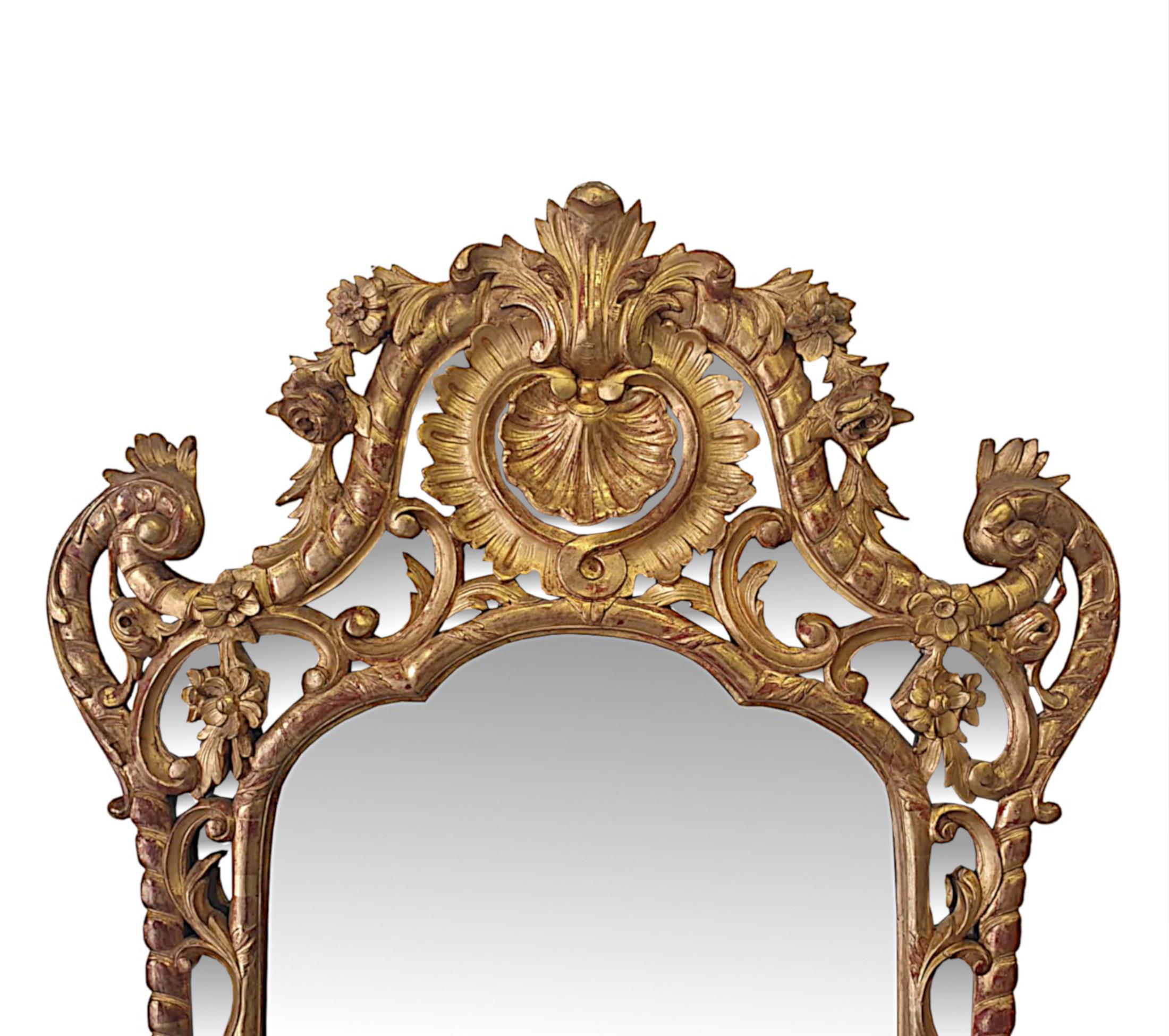 Ein seltener und außergewöhnlicher Übermantelspiegel aus Goldholz aus dem frühen 19. Jahrhundert von beeindruckenden Ausmaßen. Die originale, abgeschrägte und geformte Spiegelglasplatte befindet sich in einem fein handgeschnitzten, geformten und