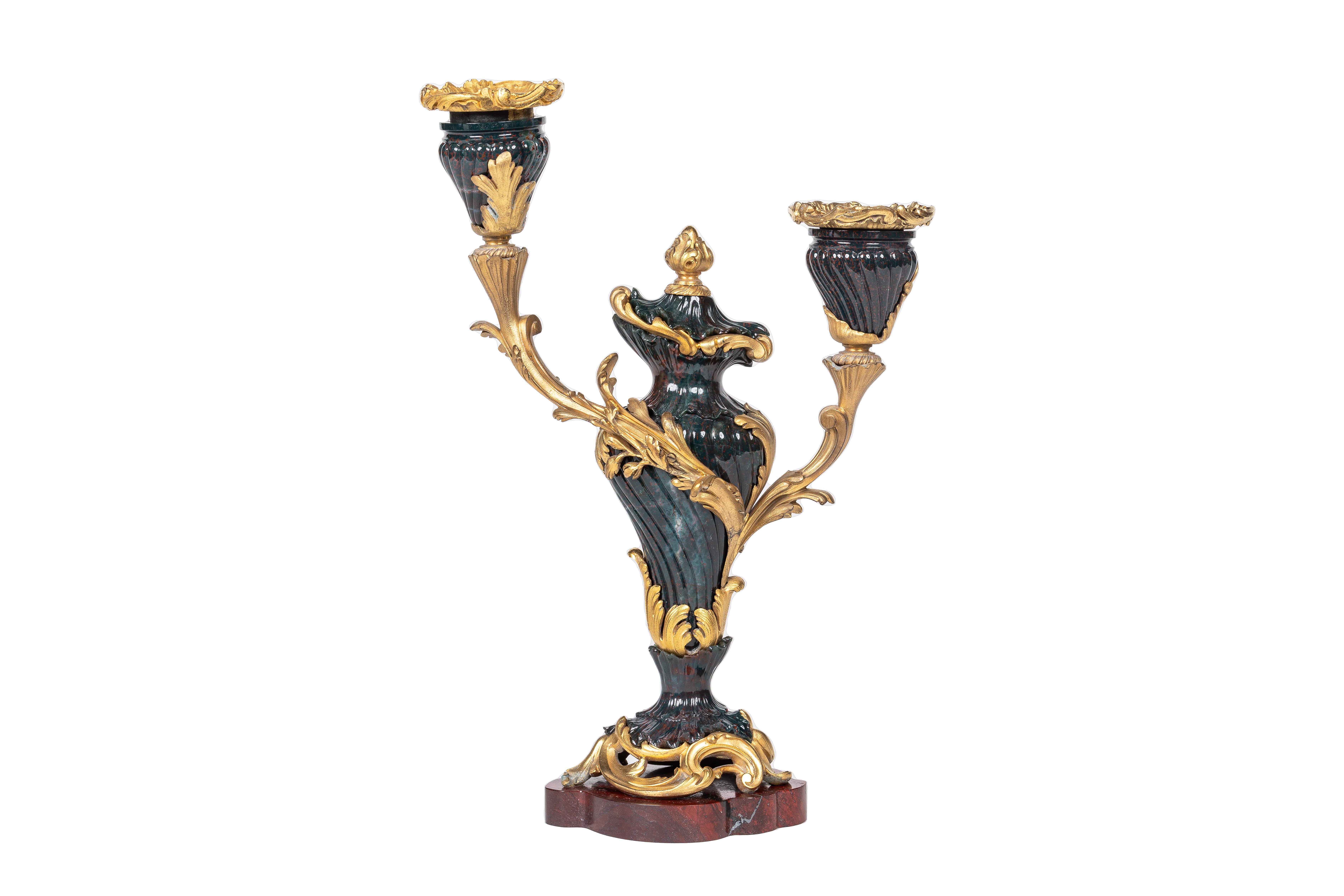 A Rare and Exquisite Pair of Ormolu-Mounted Bloodstone Two-Light Candlesticks For Sale 2