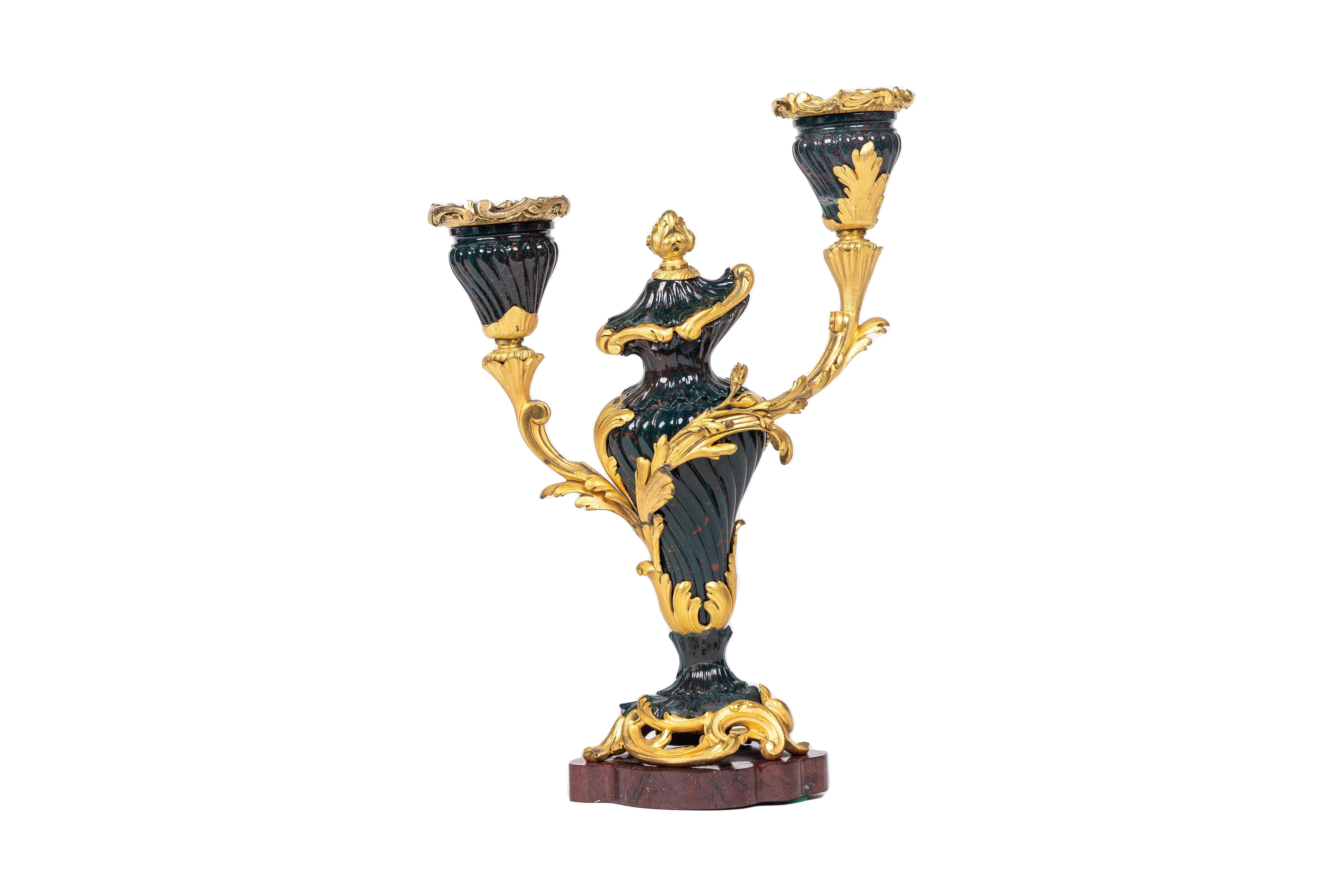 A Rare and Exquisite Pair of Ormolu-Mounted Bloodstone Two-Light Candlesticks For Sale 3