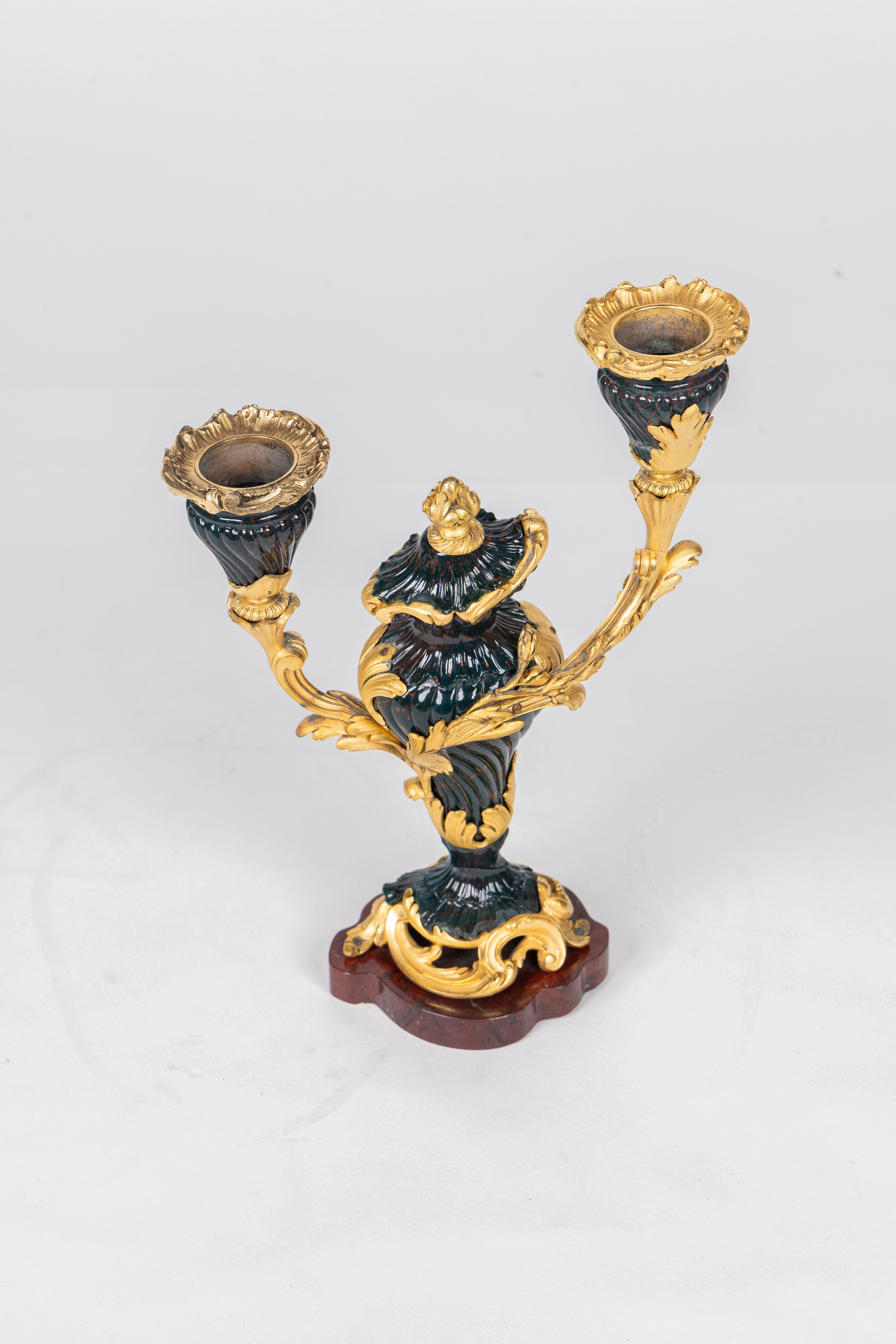 A Rare and Exquisite Pair of Ormolu-Mounted Bloodstone Two-Light Candlesticks For Sale 4
