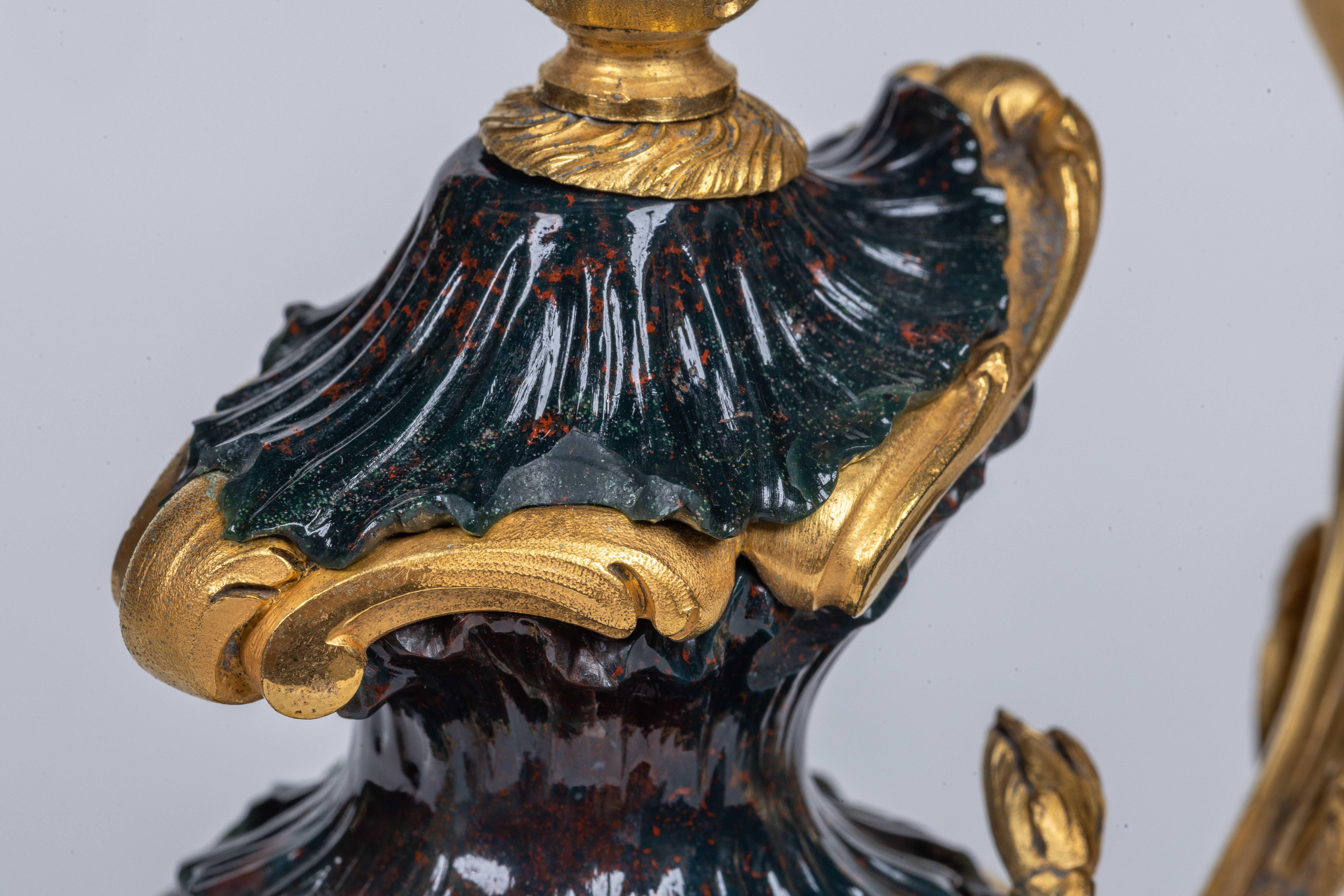A Rare and Exquisite Pair of Ormolu-Mounted Bloodstone Two-Light Candlesticks For Sale 6