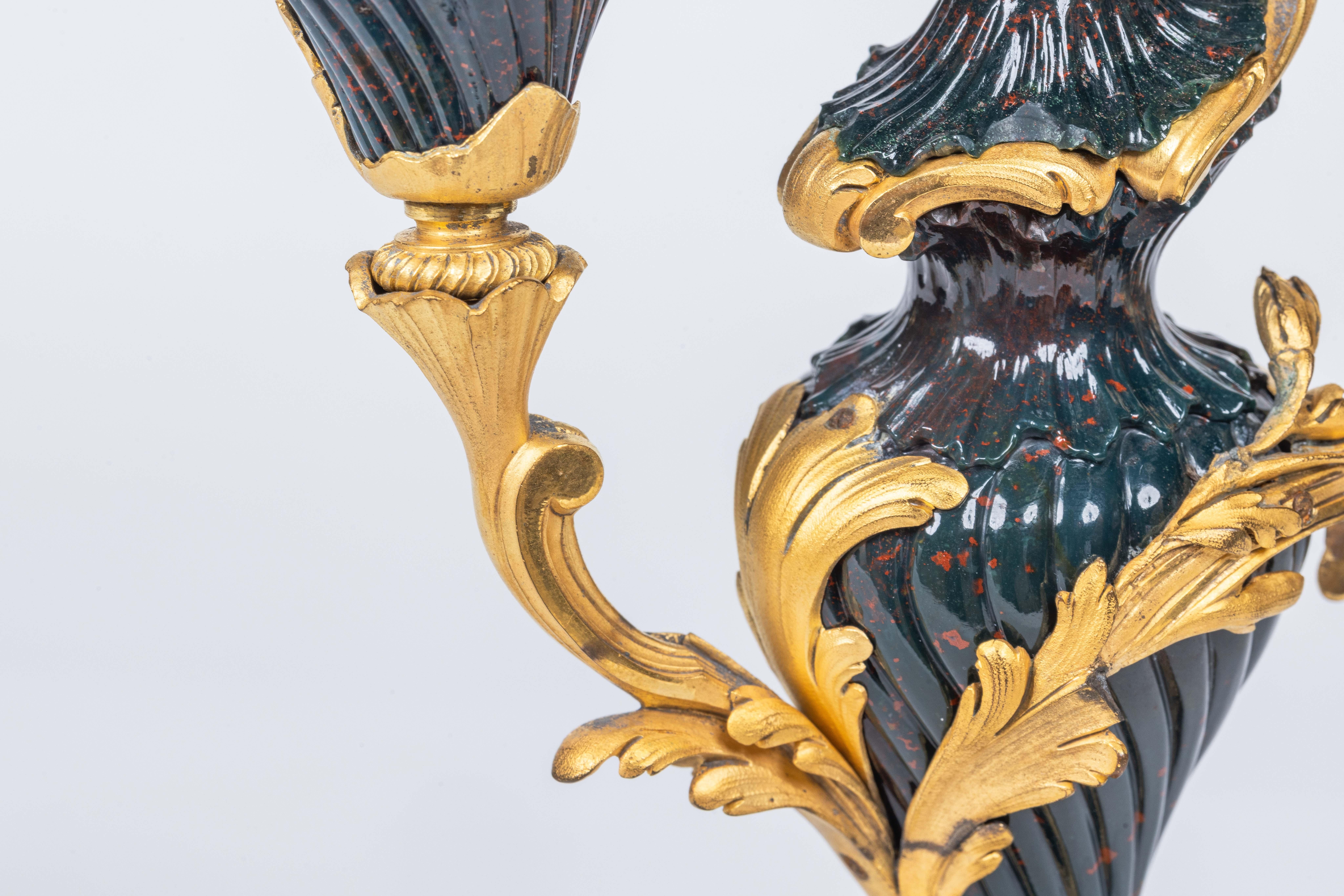 A Rare and Exquisite Pair of Ormolu-Mounted Bloodstone Two-Light Candlesticks For Sale 7