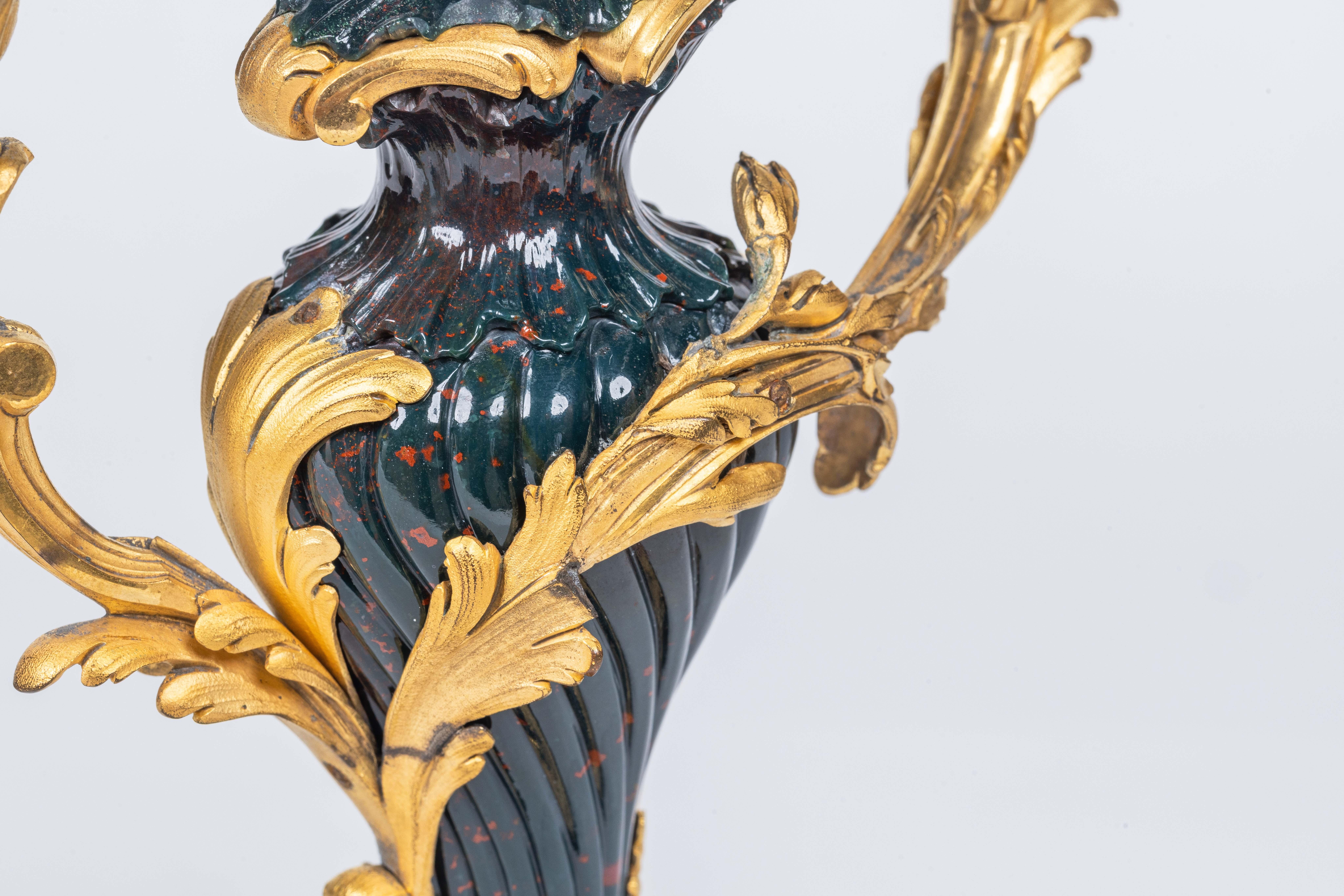 A Rare and Exquisite Pair of Ormolu-Mounted Bloodstone Two-Light Candlesticks For Sale 8