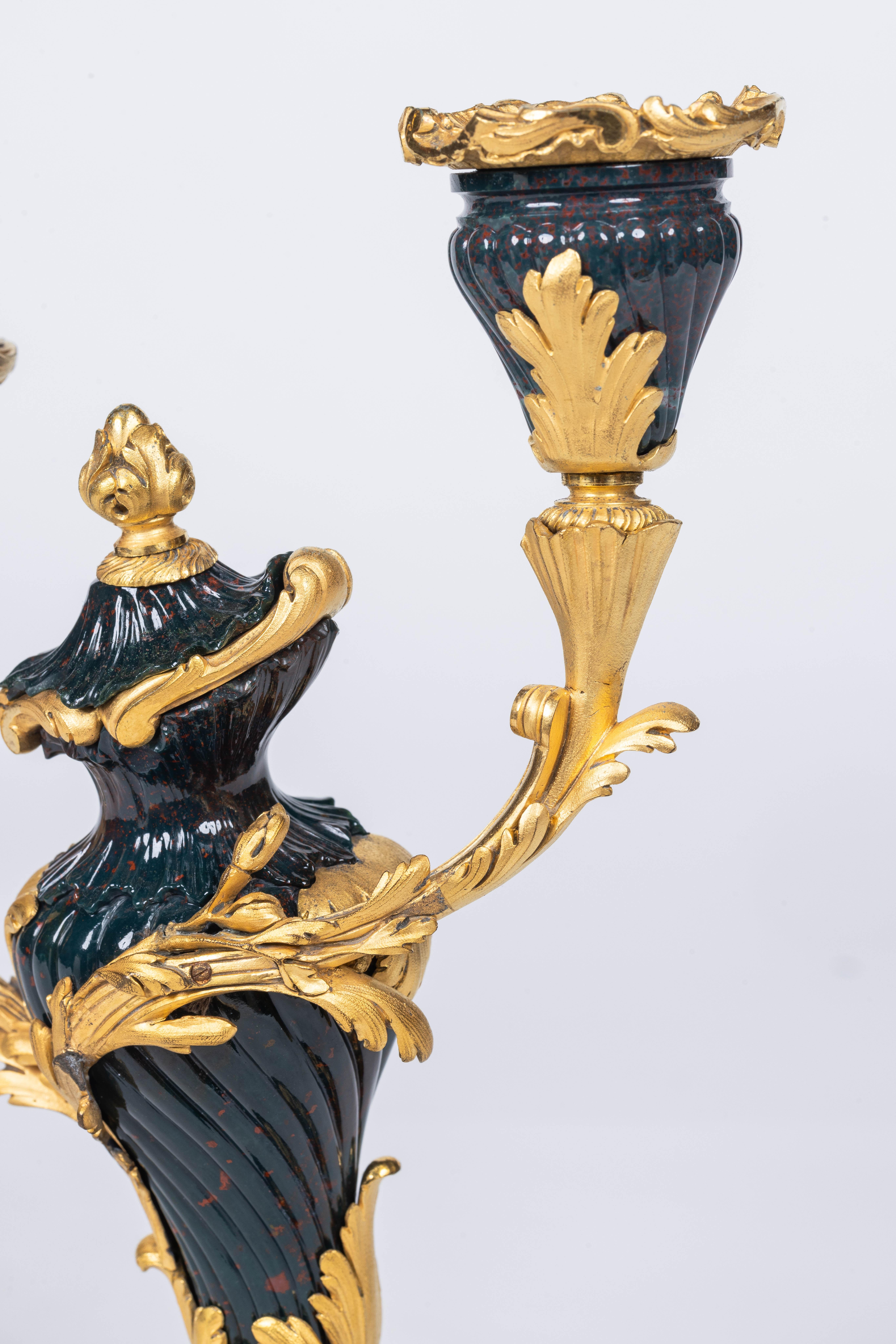 A Rare and Exquisite Pair of Ormolu-Mounted Bloodstone Two-Light Candlesticks For Sale 9