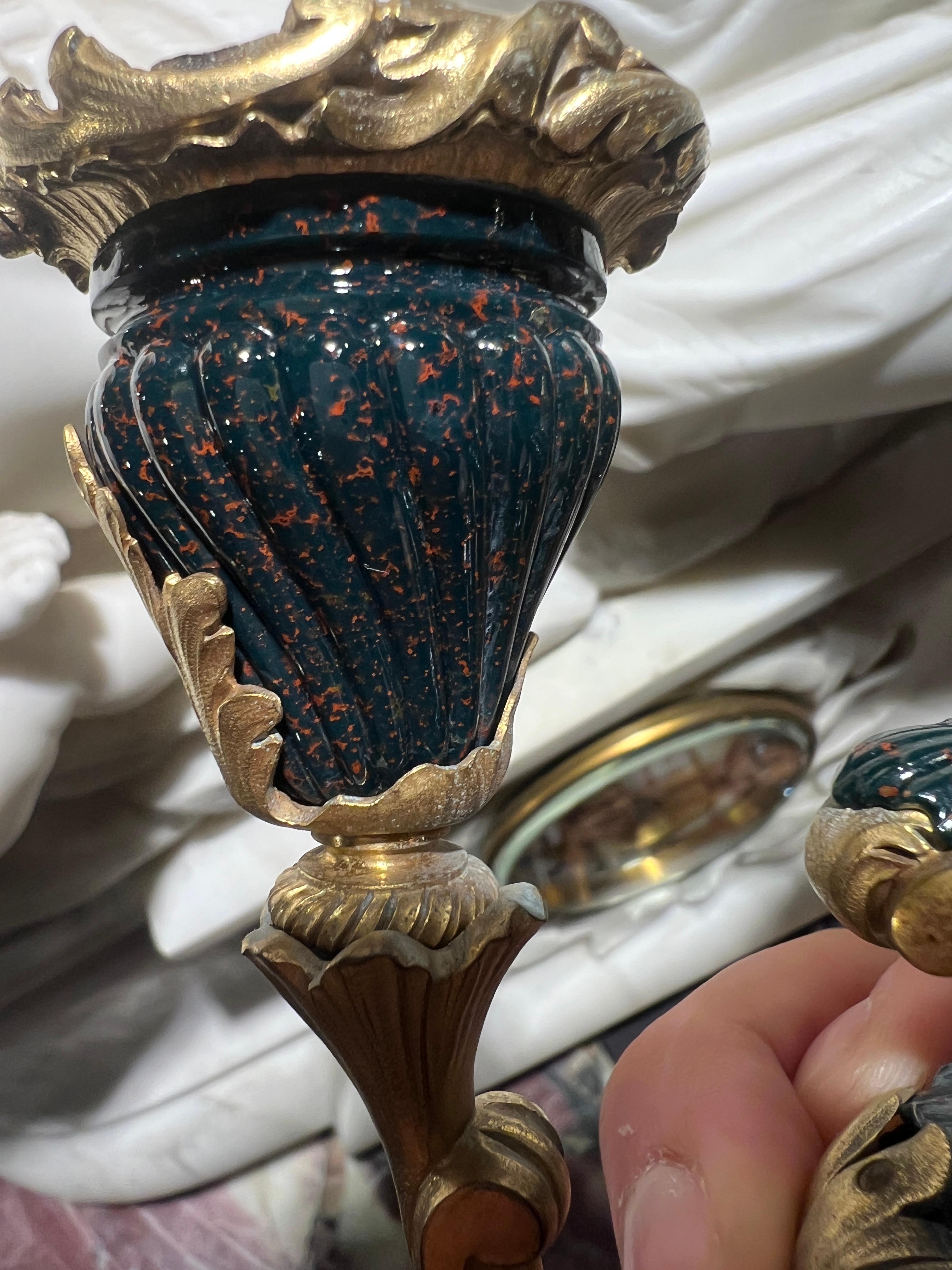 A Rare and Exquisite Pair of Ormolu-Mounted Bloodstone Two-Light Candlesticks For Sale 12