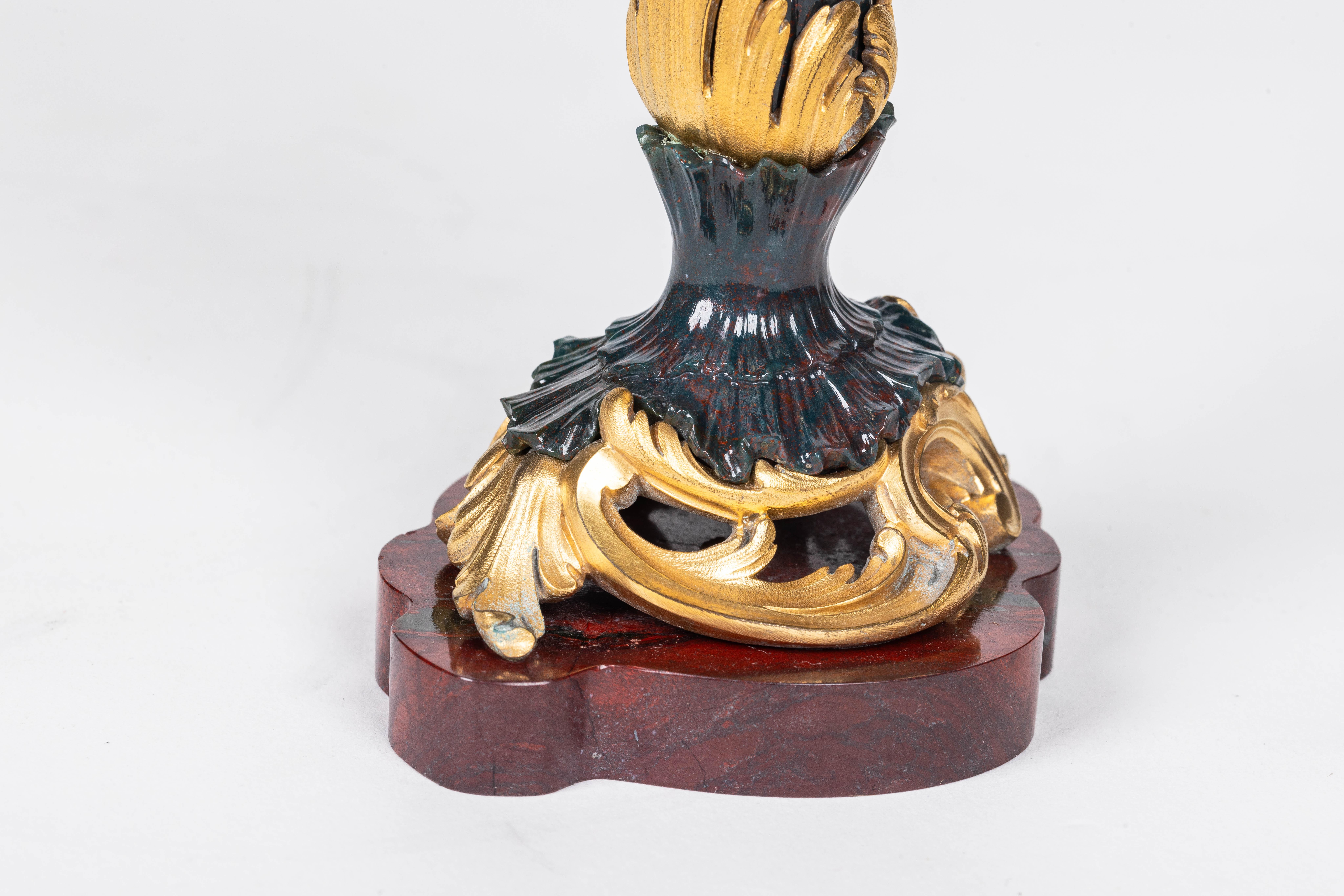 A Rare and Exquisite Pair of Ormolu-Mounted Bloodstone Two-Light Candlesticks In Good Condition For Sale In New York, NY