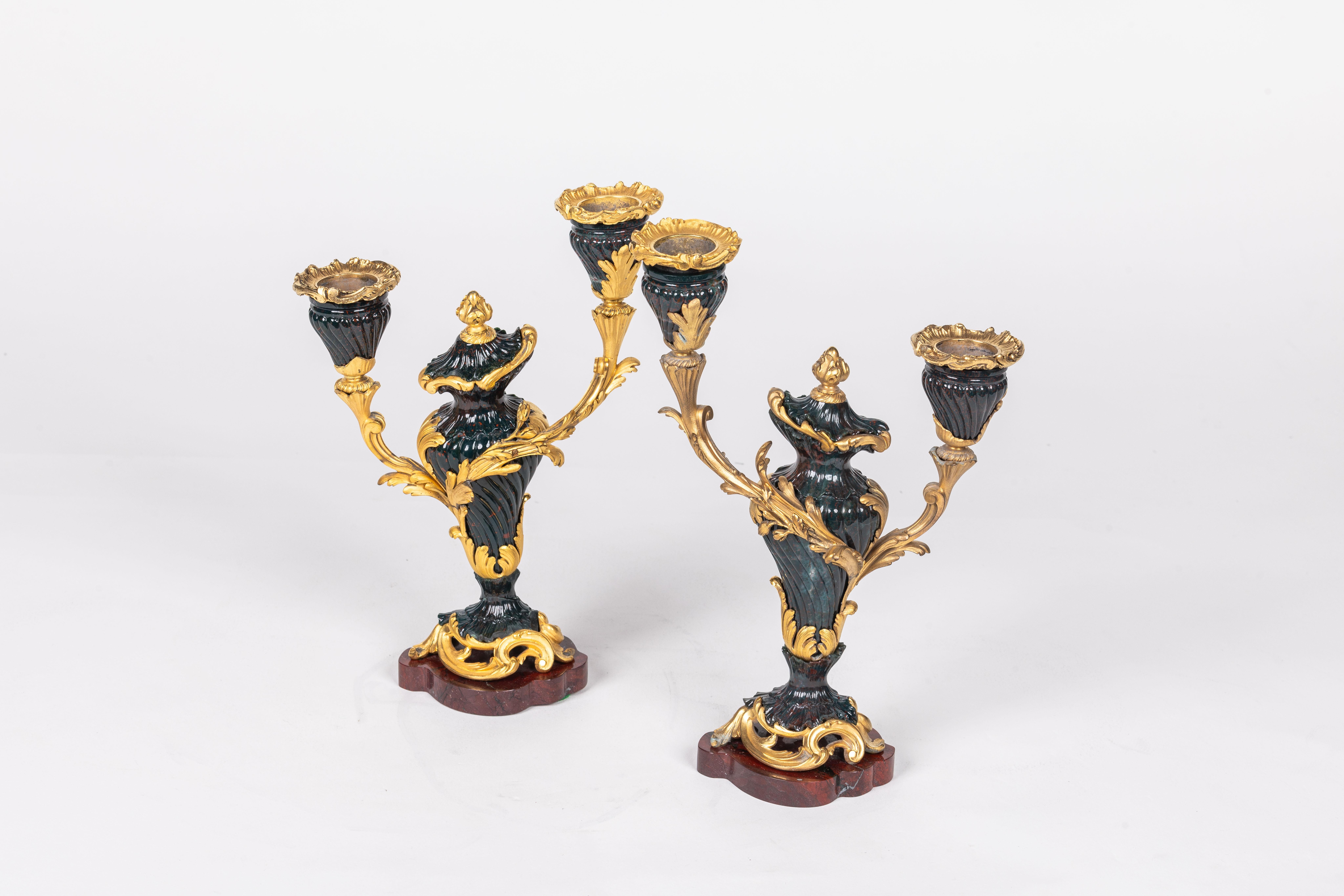 A Rare and Exquisite Pair of Ormolu-Mounted Bloodstone Two-Light Candlesticks For Sale 1