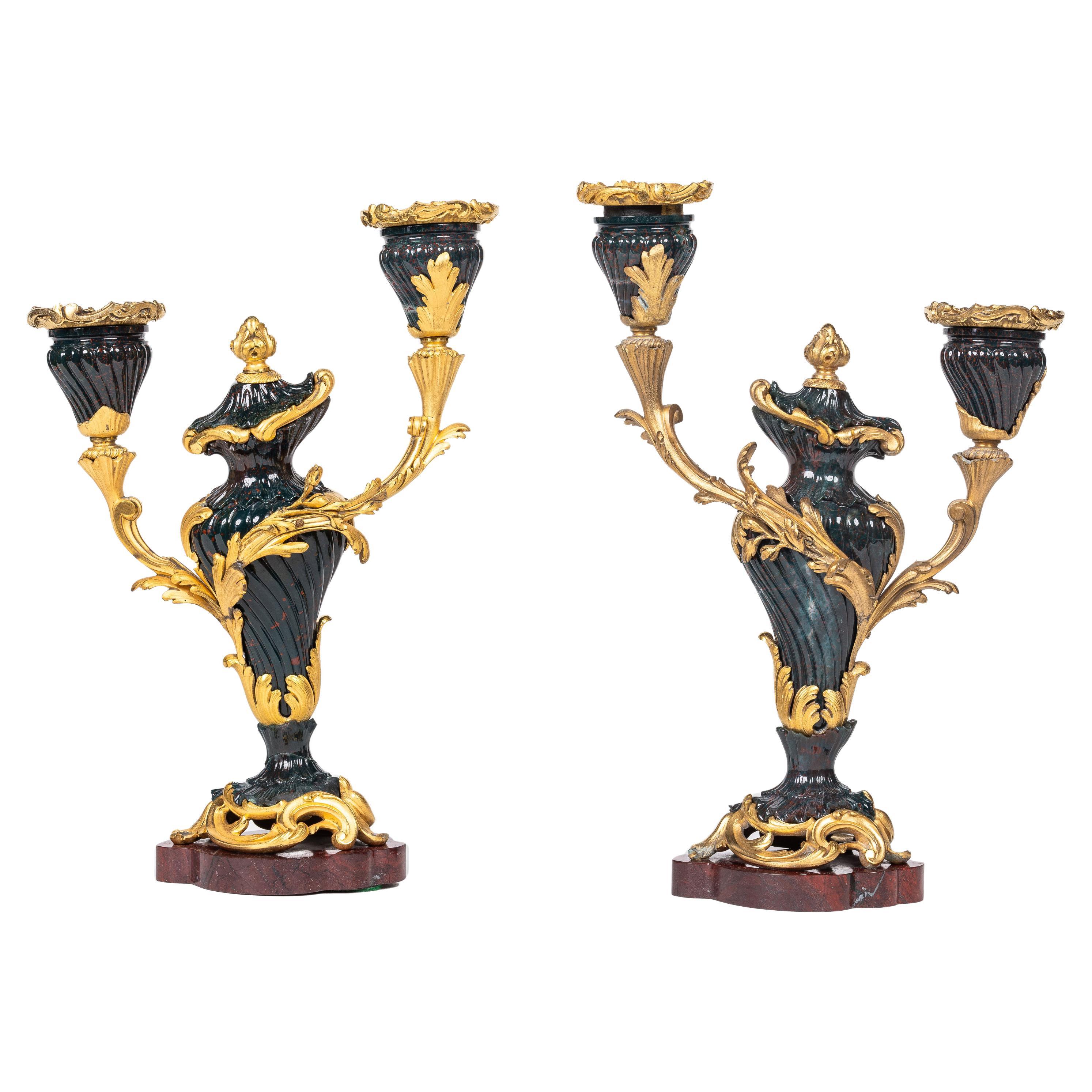 A Rare and Exquisite Pair of Ormolu-Mounted Bloodstone Two-Light Candlesticks For Sale