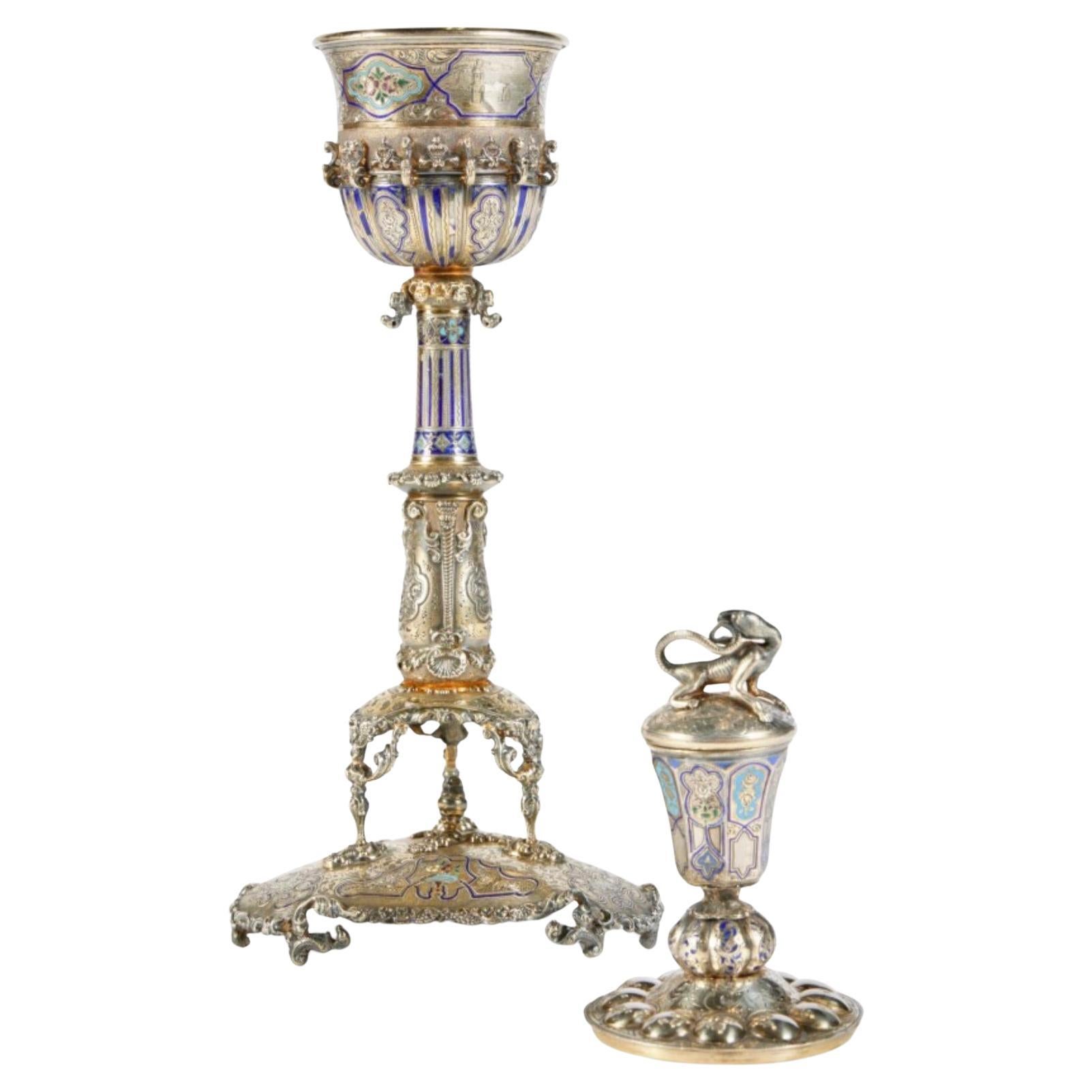 A Rare and Exquisite French Silver and Enameled Two-Compartment Chalice Cup by Jules Wièse for François-Désiré Froment-Meurice, circa 1850

This exceptional 19th-century chalice cup, crafted by master silversmith Jules Wièse under the patronage of