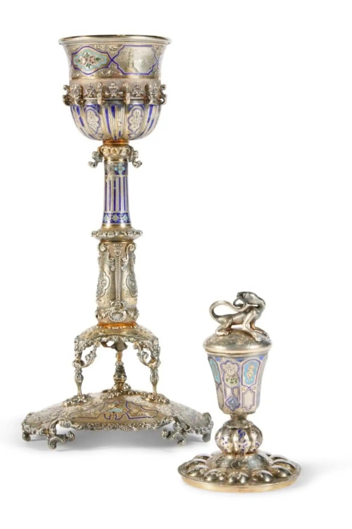 A Rare and Exquisite French Silver and Enameled Two-Compartment Chalice Cup by Jules Wièse for François-Désiré Froment-Meurice, circa 1850 

This exceptional 19th-century chalice cup, crafted by master silversmith Jules Wièse under the patronage of