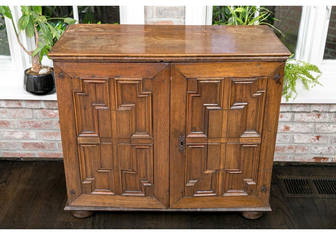 A Rare And Extraordinary English Oak Spice Chest C. 1700 In Distressed Condition For Sale In Bridgeport, CT