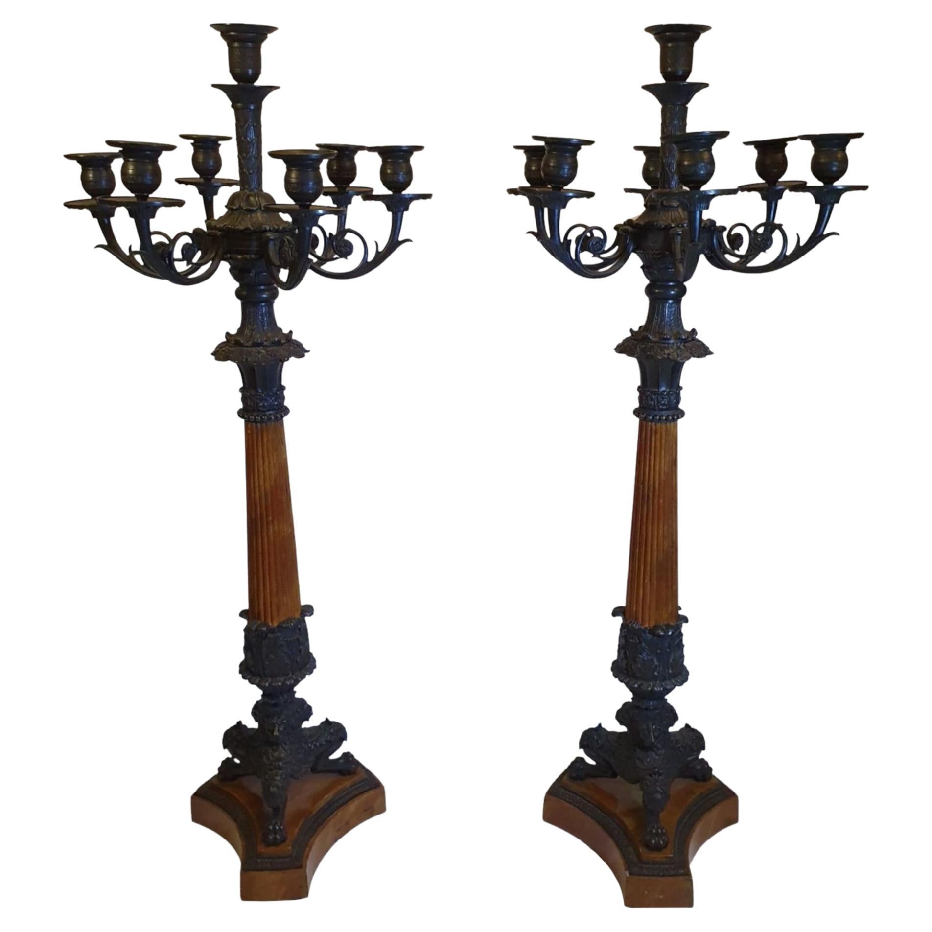 Paire rare et raffinée de candélabres en bronze du 19ème siècle de style Empire en vente
