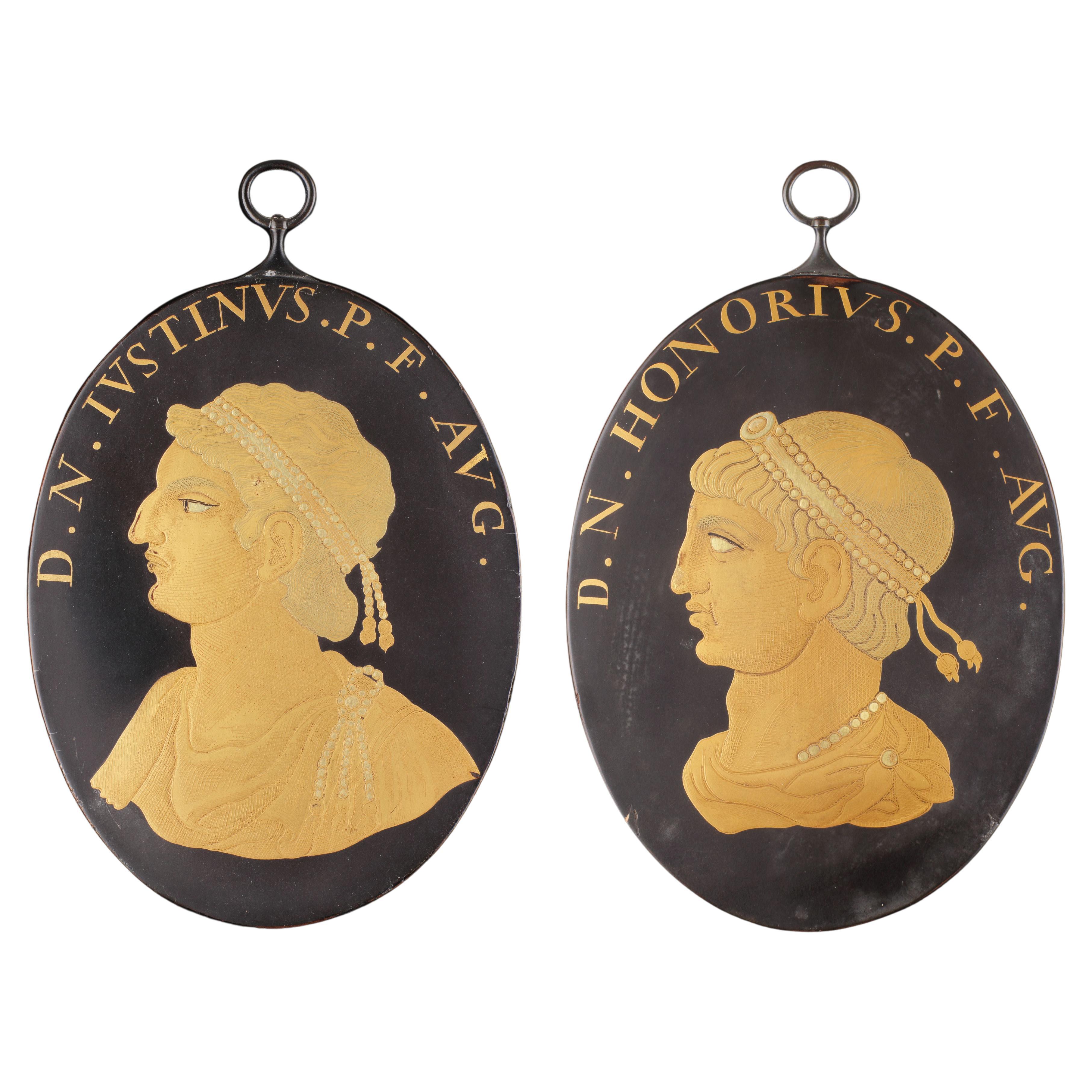 A Rare and Fine Pair of Japanese Export Lacquer Portrait Medallions on Copper
