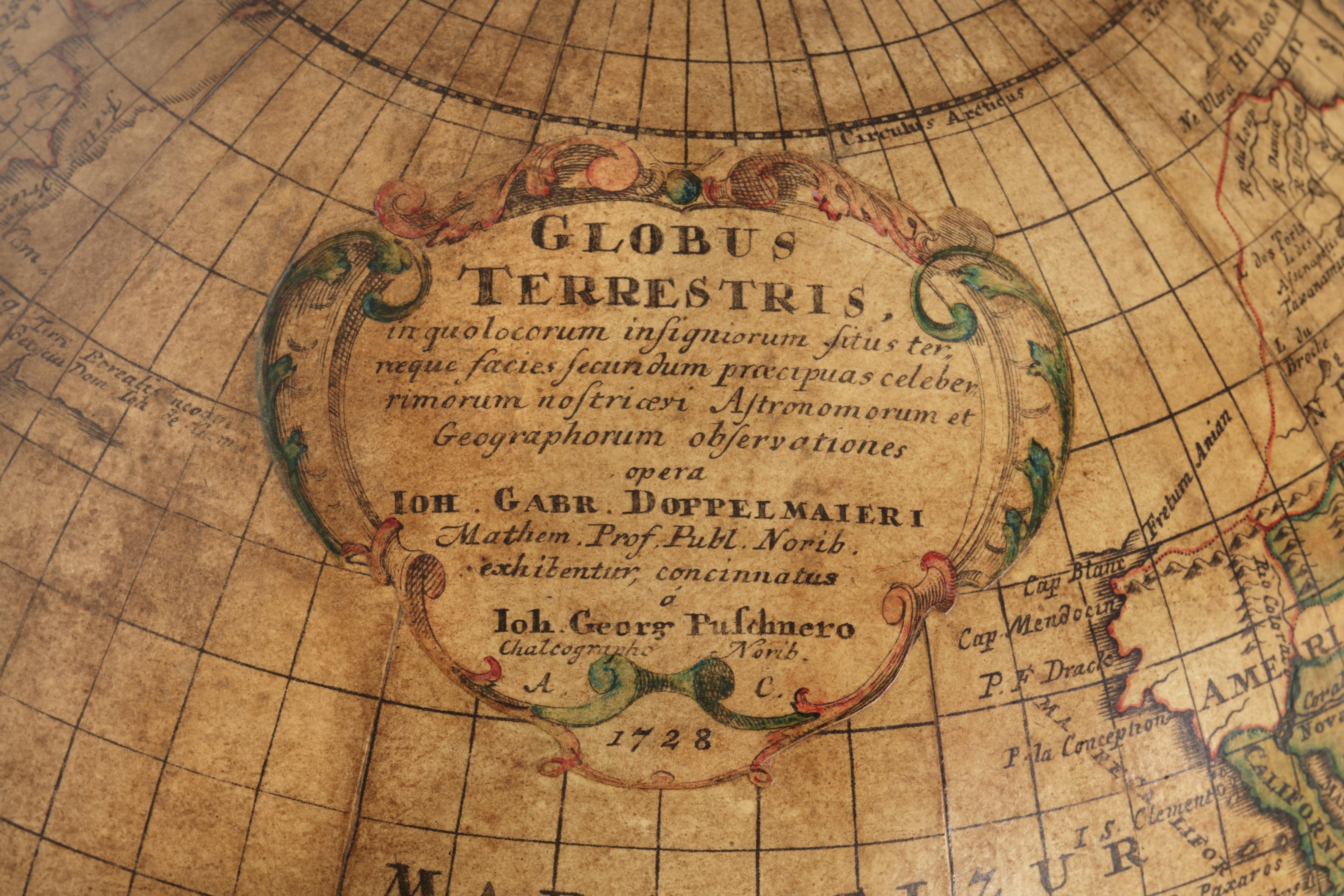 A rare and fine terrestrial table-globe by Johann Gabriel Doppelmayr (1671-1750)
Nuremberg, 1728
Globus Terrestris in quo locorum situs terraeque facies, secundum praecipuas celeberrimorum nostri oevi Astronomorum et Geographorum observationes