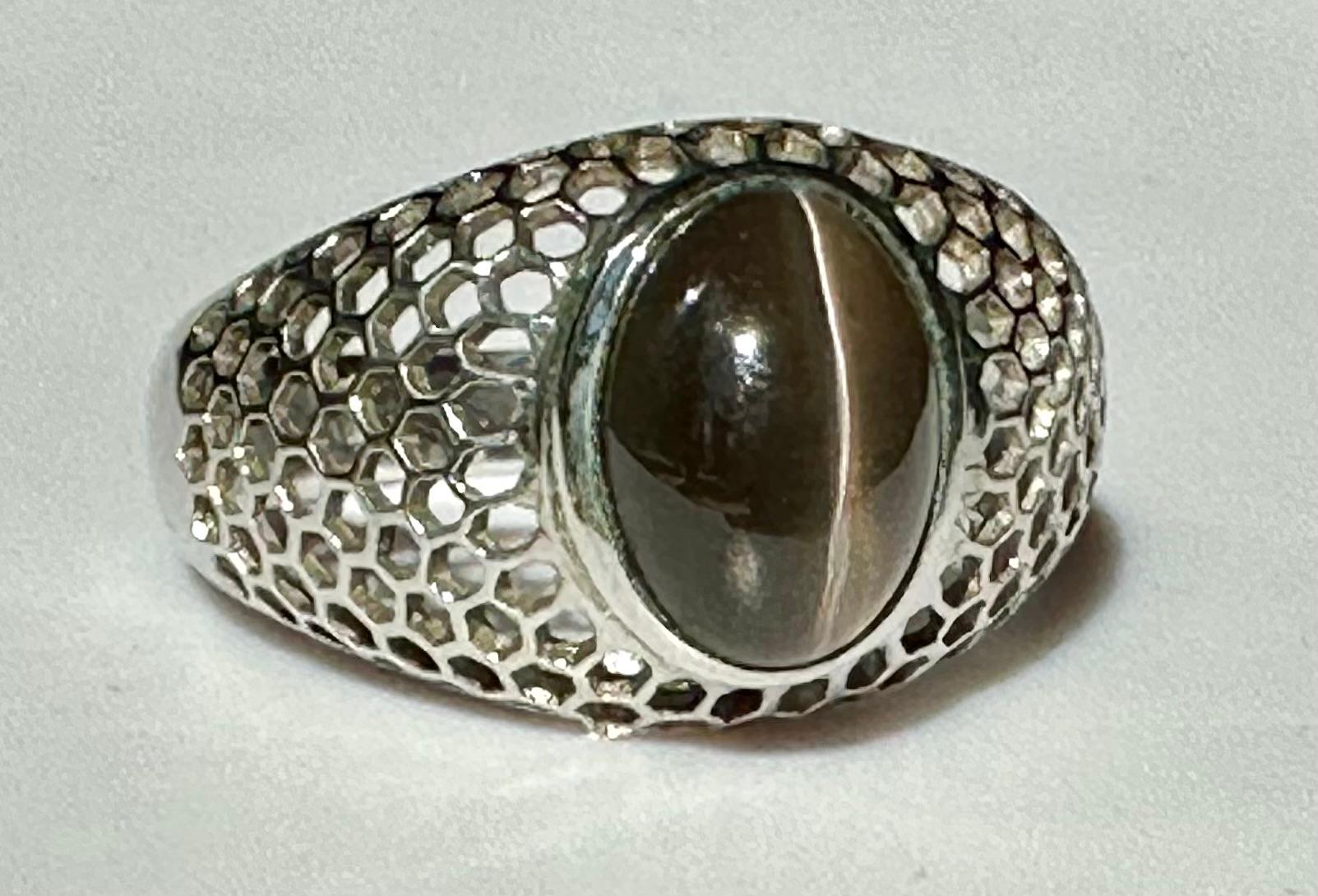 A Rare and Hard to Find Sillimanite Cats Eye Cabochon set in a Silver Dome Ring For Sale 5