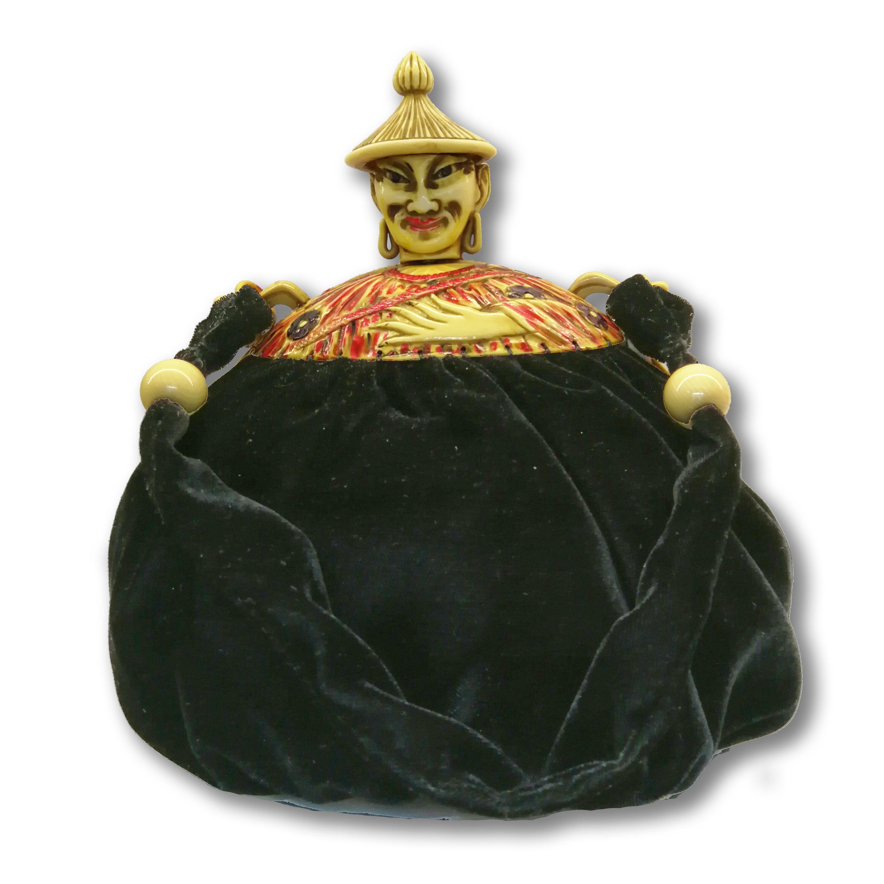 A rare and highly unusual Bakelite topped 'Chinese man' handbag, France, 1920s 6