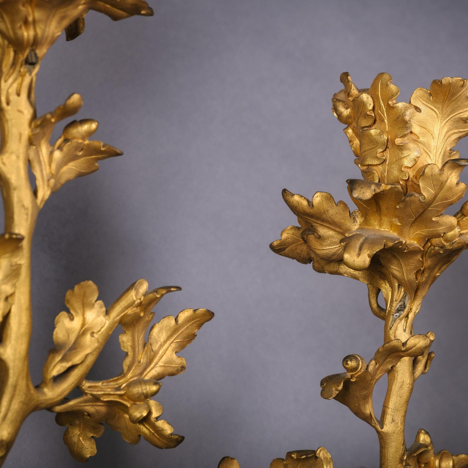 Ein seltenes und höchst ungewöhnliches Paar vergoldeter bronzener Wandapplikationen mit zwei Lichtern (Französisch) im Angebot