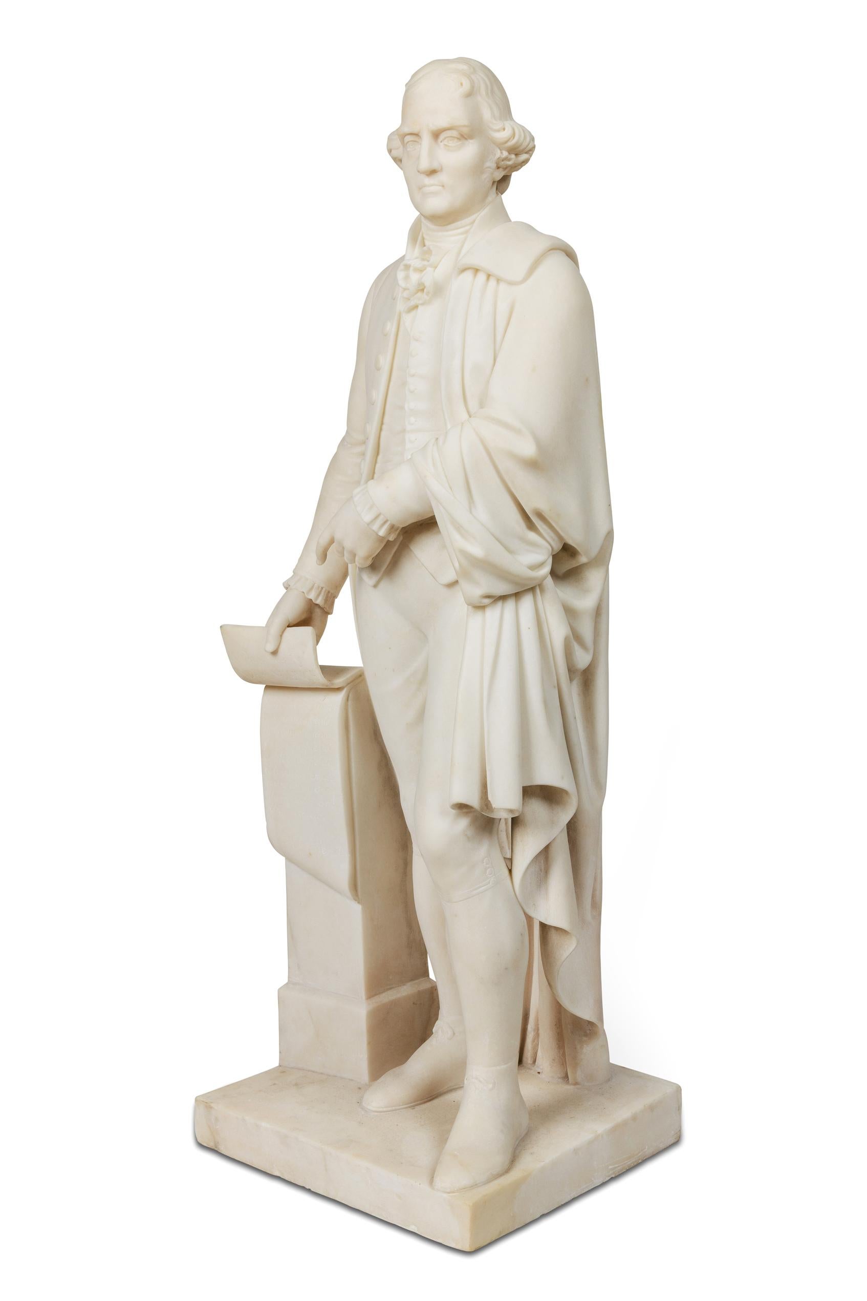 Eine seltene und wichtige amerikanische Skulptur aus weißem Marmor von Thomas Jefferson, der die Unabhängigkeitserklärung hält. CIRCA 1870, nach dem Vorbild von Horatio Stone (1808 -1875).

Inschrift auf der Schriftrolle: Die