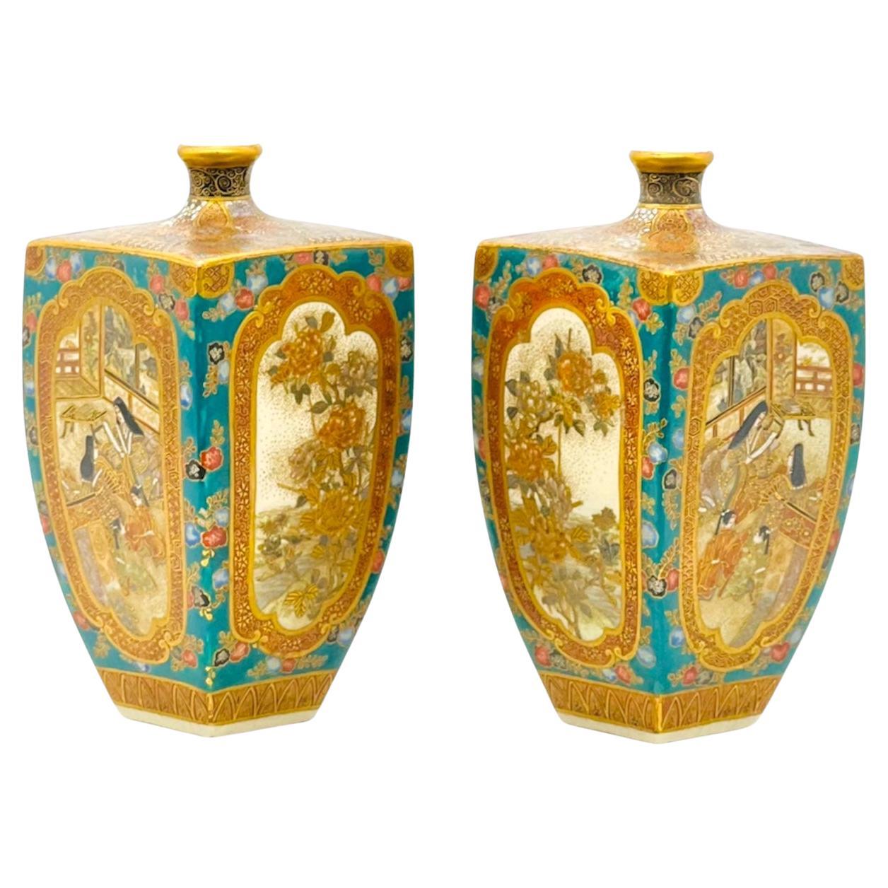Raro e importante par de jarrones Satsuma de Okamoto Ryozan, periodo Meiji en venta