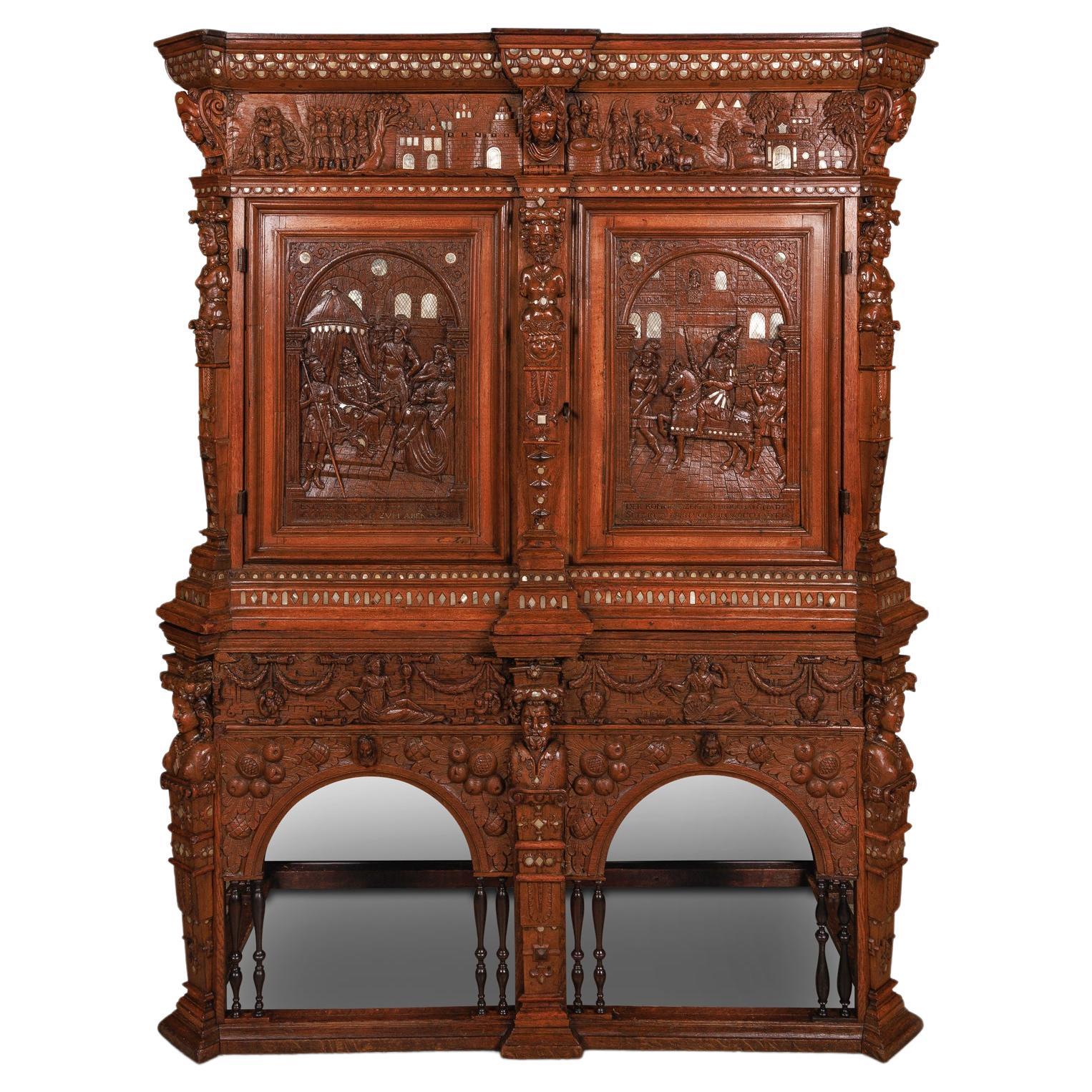 Rare and Important Renaissance "Judaica" Carved Oak Wood Cabinet