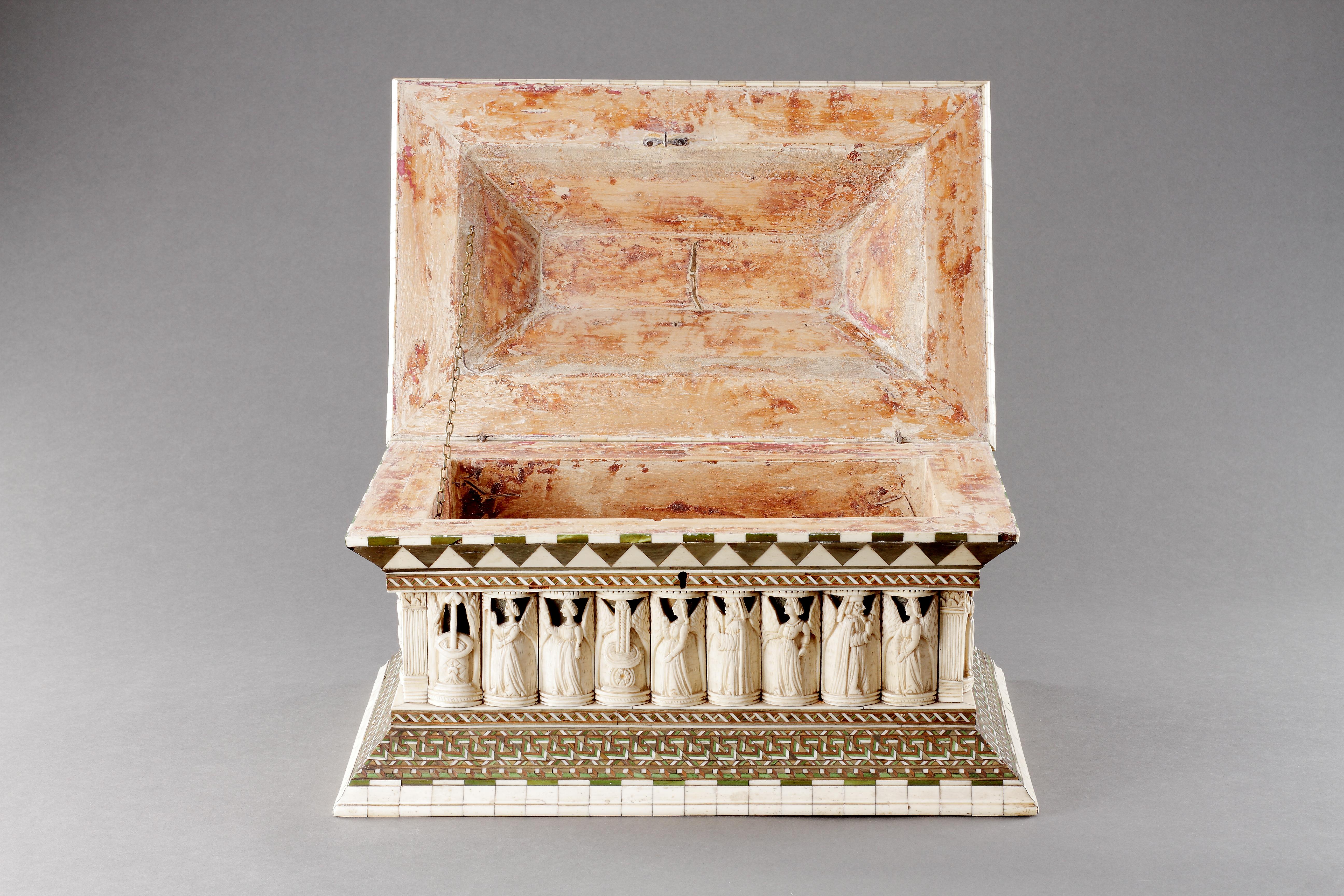 A Rare and Important Sarcophagus ‘Wedding’ Casket 
Attributed to the Embriachi workshop / and the so-called: 
Master of the ‘Susanna Two’ 
Bone, Wood, Polychrome, Metal  	
Venice, Italy
15th Century / Circa 1450 - 75 

SIZE: 25cm high, 41cm wide,