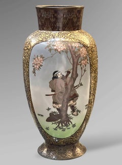 A Rare and Large Japanese Cloisonné Enamel Vase with a Warrior and Cranes