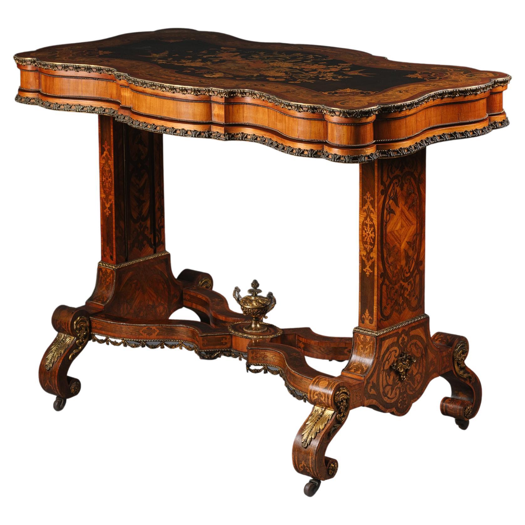 Seltener und ungewöhnlicher viktorianischer Metamorpher Tisch aus vergoldeter Bronze und Intarsien