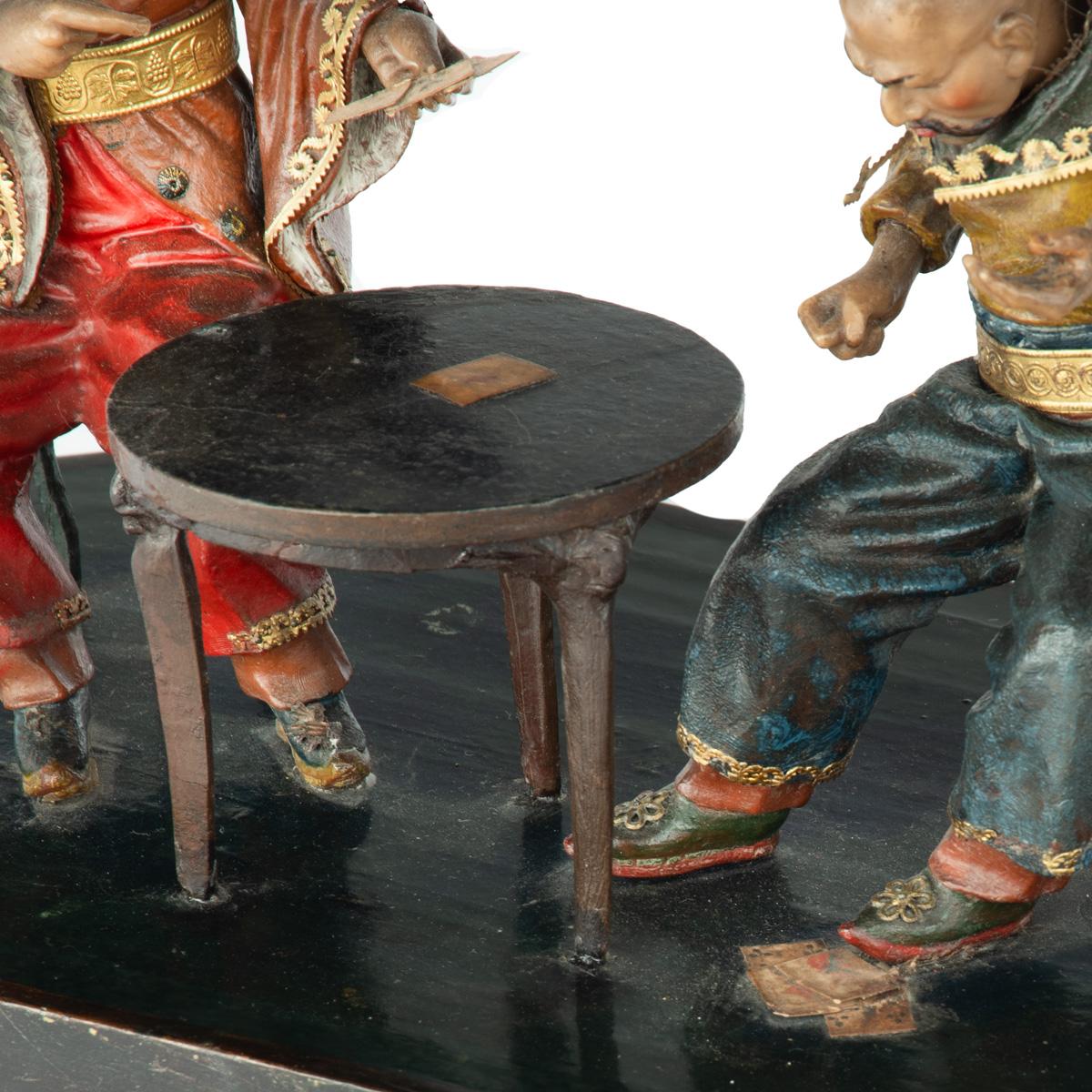 19th Century A rare Anglo-Chinese Regency polychrome painted wax and wood group of two Chines For Sale
