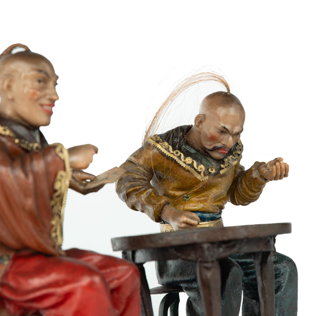 Wood A rare Anglo-Chinese Regency polychrome painted wax and wood group of two Chines For Sale
