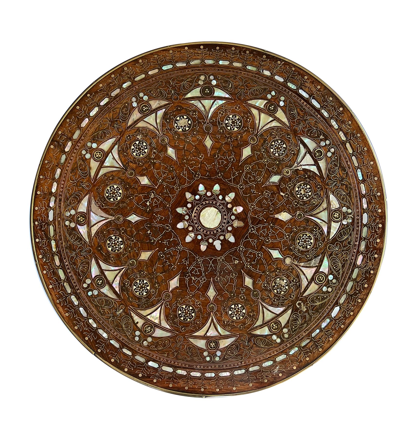 a rare example of Anglo-Persian furniture and a jewel of a table adorned overall with fine shell, brass and copper inlay including intricate khatam marquetry