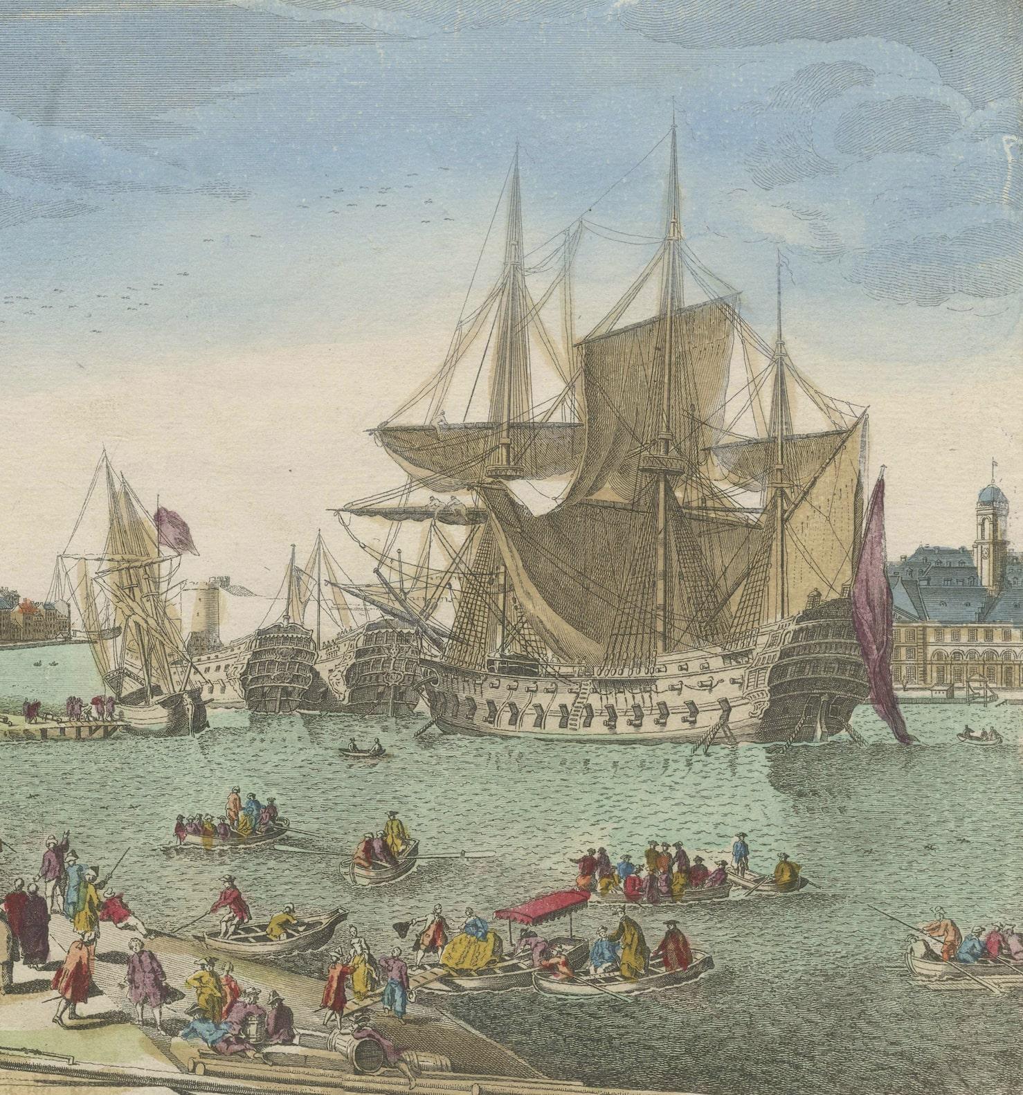 Rare Animated Hand-Colored Engraving of the French Harbour of Port City Brest In Good Condition For Sale In Langweer, NL