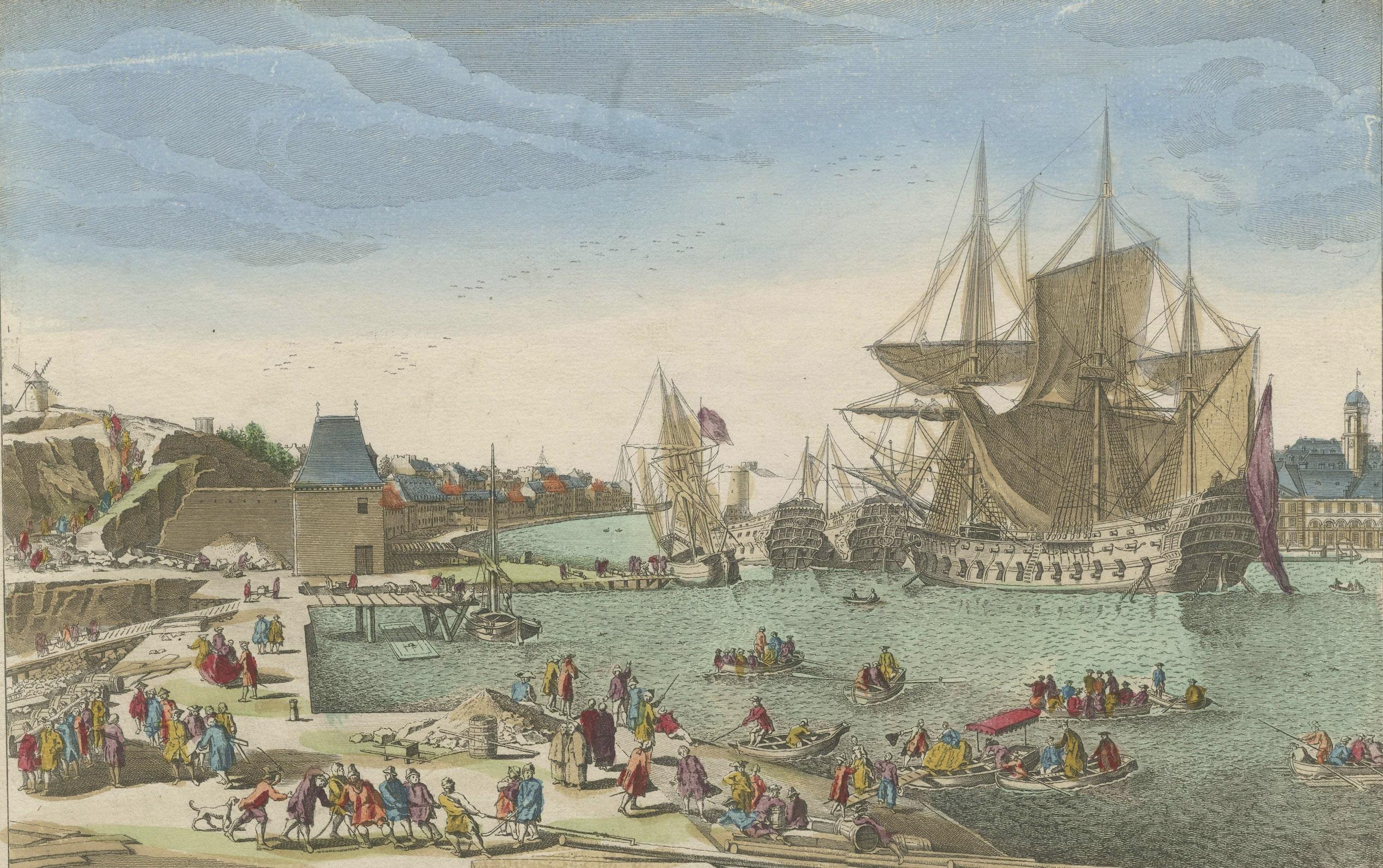18th Century Rare Animated Hand-Colored Engraving of the French Harbour of Port City Brest For Sale