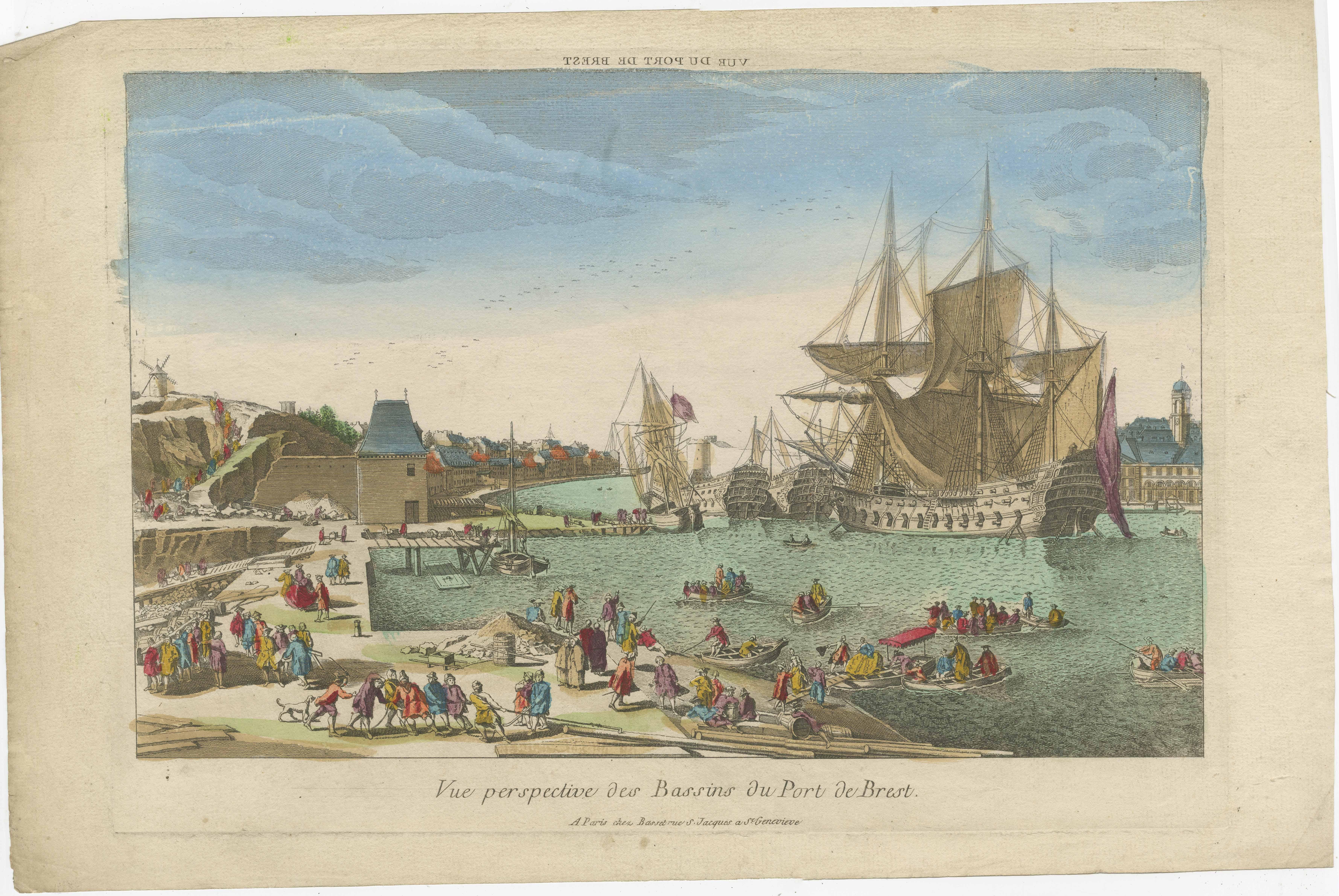 Seltene animate handkolorierte Gravur des französischen Hafens von Port City Brest (Papier) im Angebot