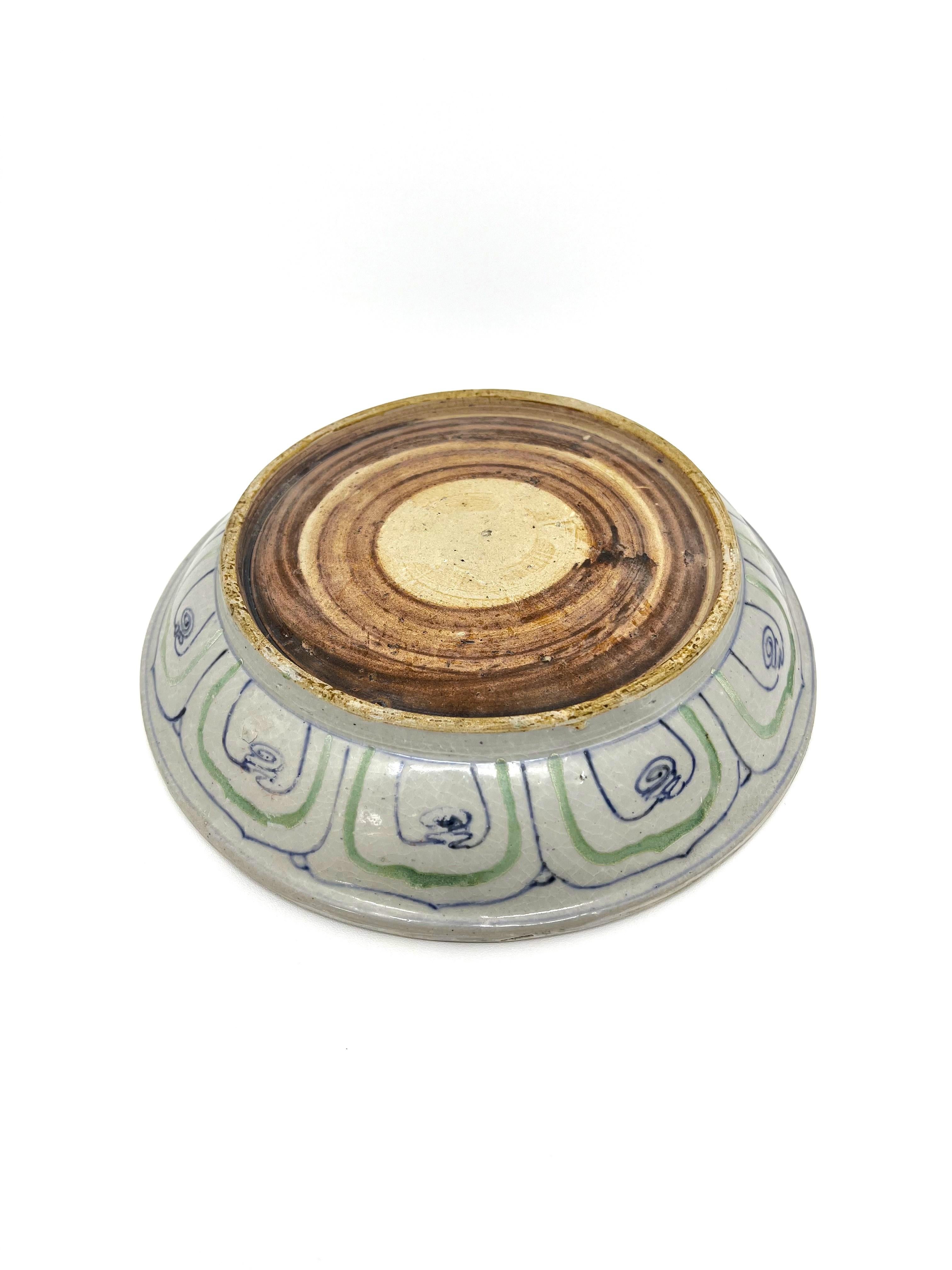 Ming A Rare Annamese blue and white with green glaze plate, Hoi an ship, 15th Century For Sale