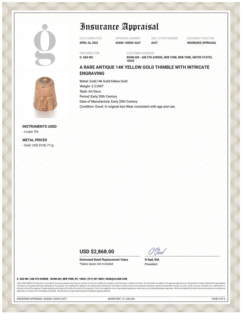 Ein seltenes und exquisites Nähzubehör
Werten Sie Ihre Sammlung oder Ihren Handarbeitsplatz mit diesem Fingerhut in Antikgold auf. Er ist ein seltener Schatz, der sich durch seine aufwendige Gravur und zeitlose Eleganz auszeichnet. Mit