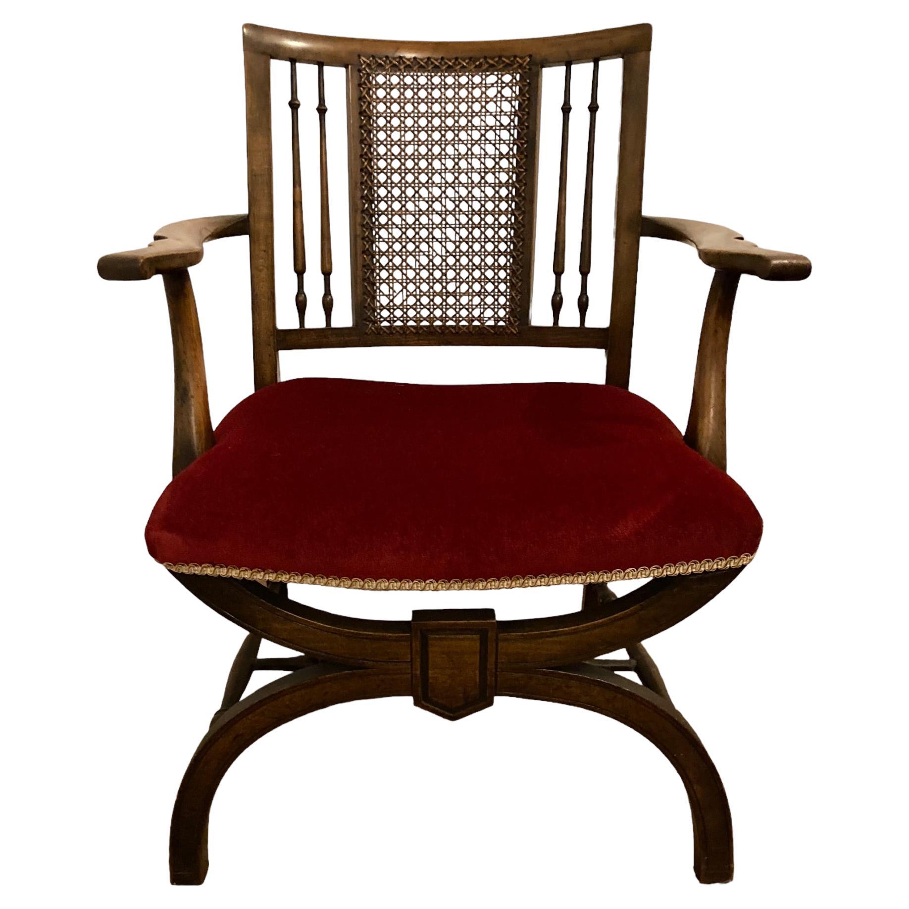 A rare Antique Beech Wood X Framed Cane back Arm chair For Sale