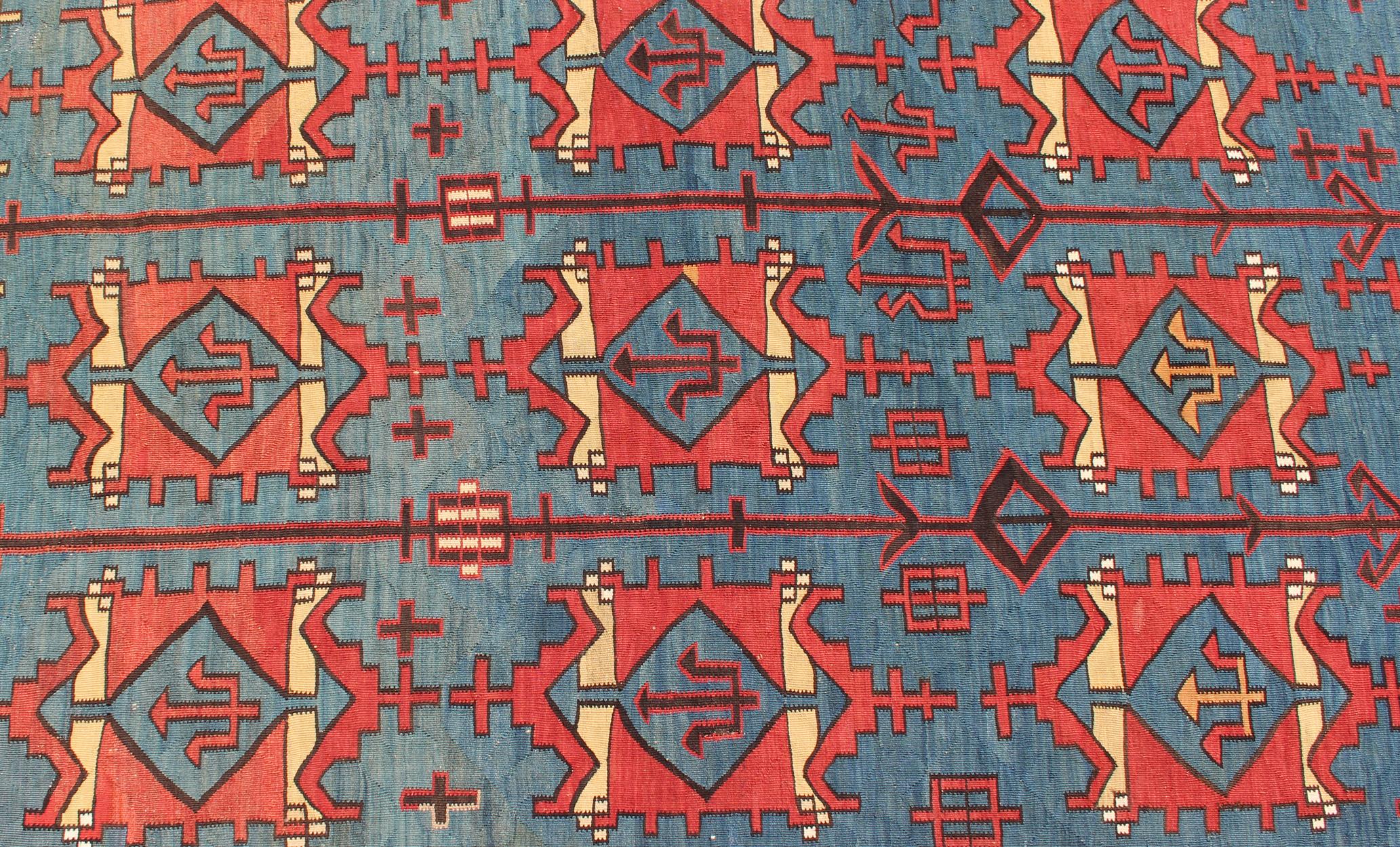 Wool Rare Antique Caucasian Avar Tribal Flat-Weave Gallery Size in Blue and Red For Sale