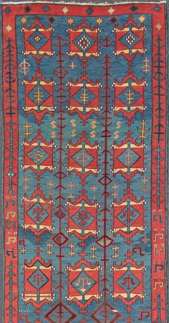 Rare Antique Caucasian Avar Tribal Flat-Weave Gallery Size in Blue and Red