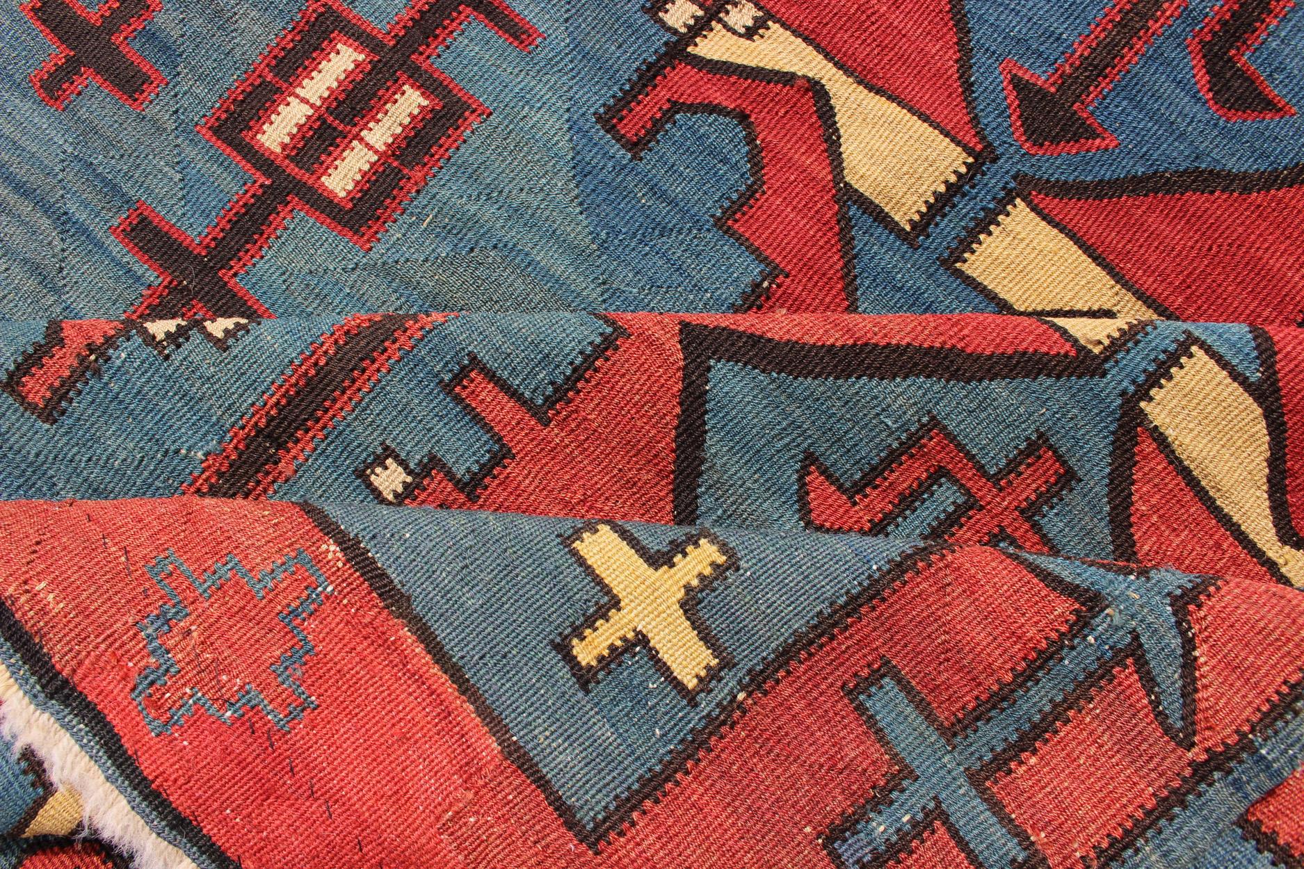 Kilim Rare Antique Caucasian Avar Tribal Flat-Weave Gallery Size in Blue and Red For Sale