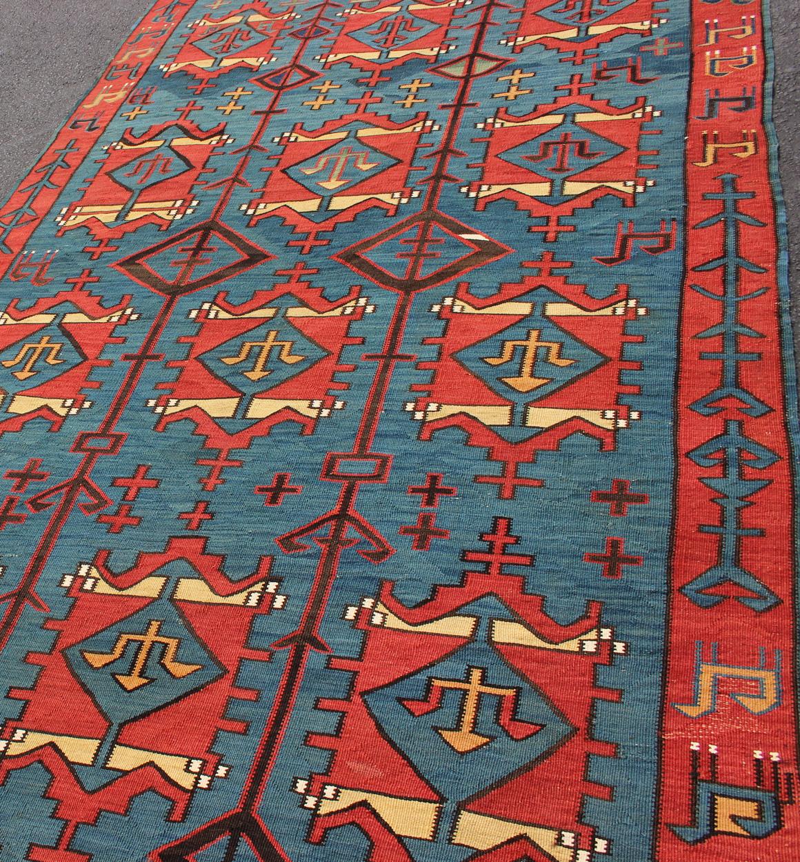 Hand-Woven Rare Antique Caucasian Avar Tribal Flat-Weave Gallery Size in Blue and Red For Sale