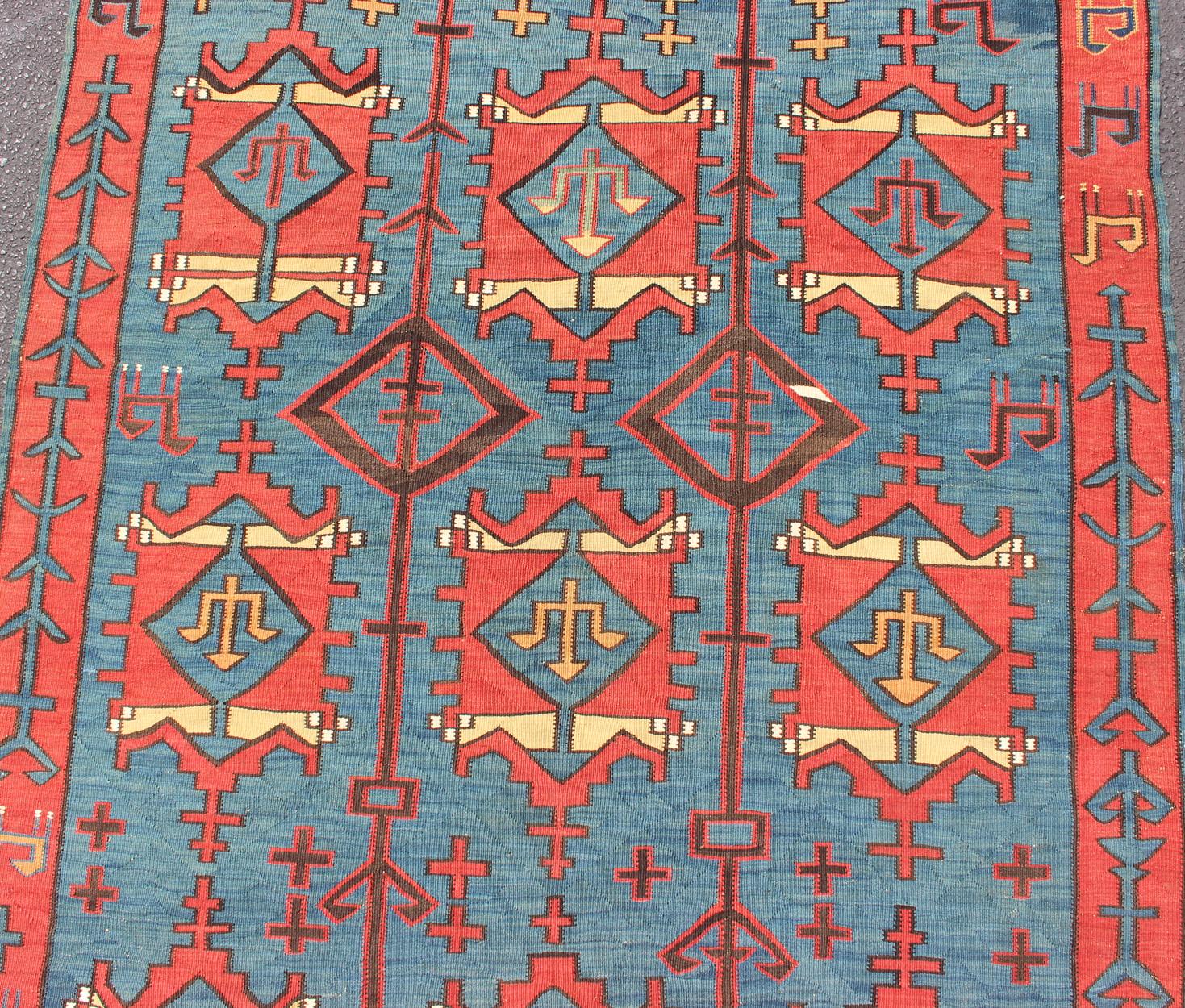 Rare Antique Caucasian Avar Tribal Flat-Weave Gallery Size in Blue and Red In Good Condition For Sale In Atlanta, GA