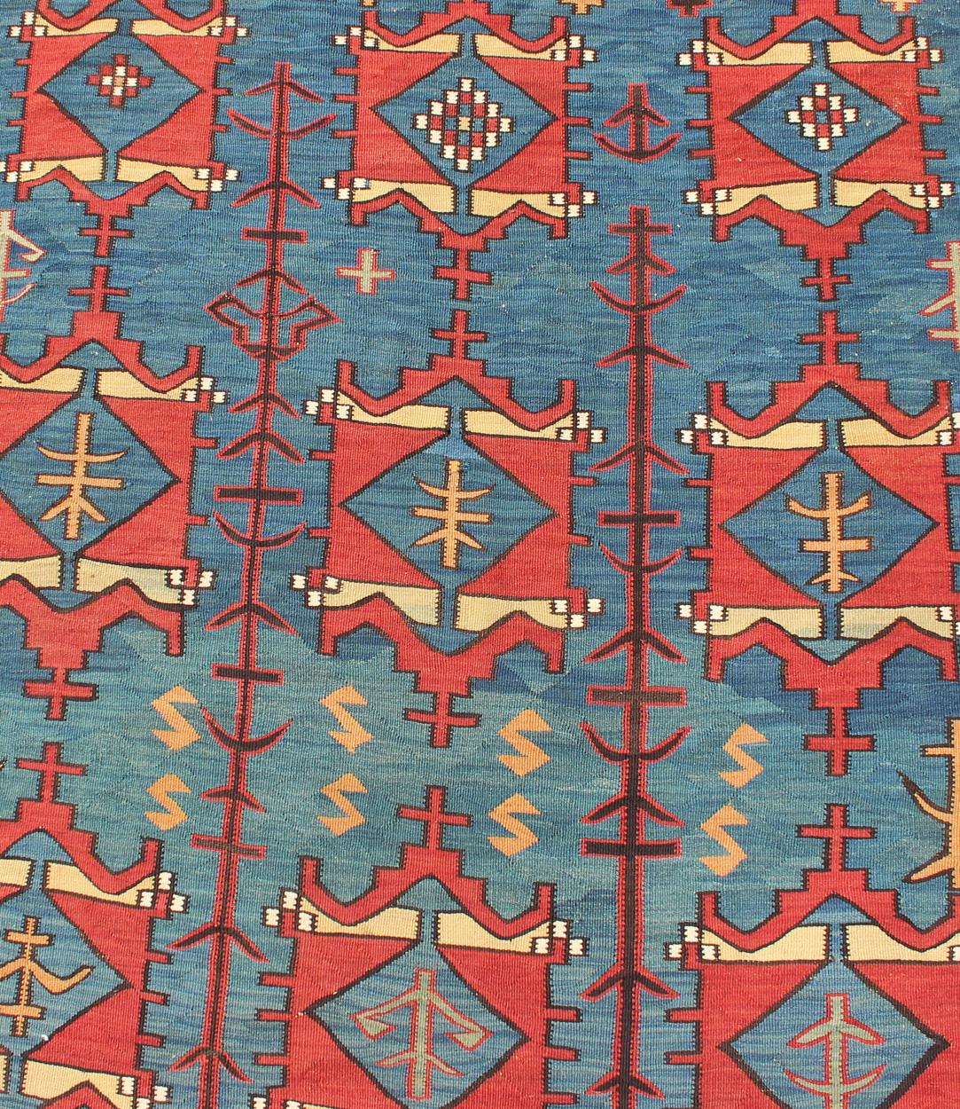 Early 20th Century Rare Antique Caucasian Avar Tribal Flat-Weave Gallery Size in Blue and Red For Sale