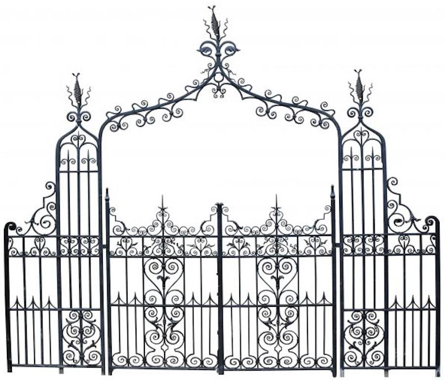 Traditionally constructed from wrought iron. Consisting of railing piers, double pedestrian gates and overthrow. Stamped with ‘BEST GWF’ and crown.

Reclaimed from a country house near Tonbridge Wells, UK. This was removed from the property and
