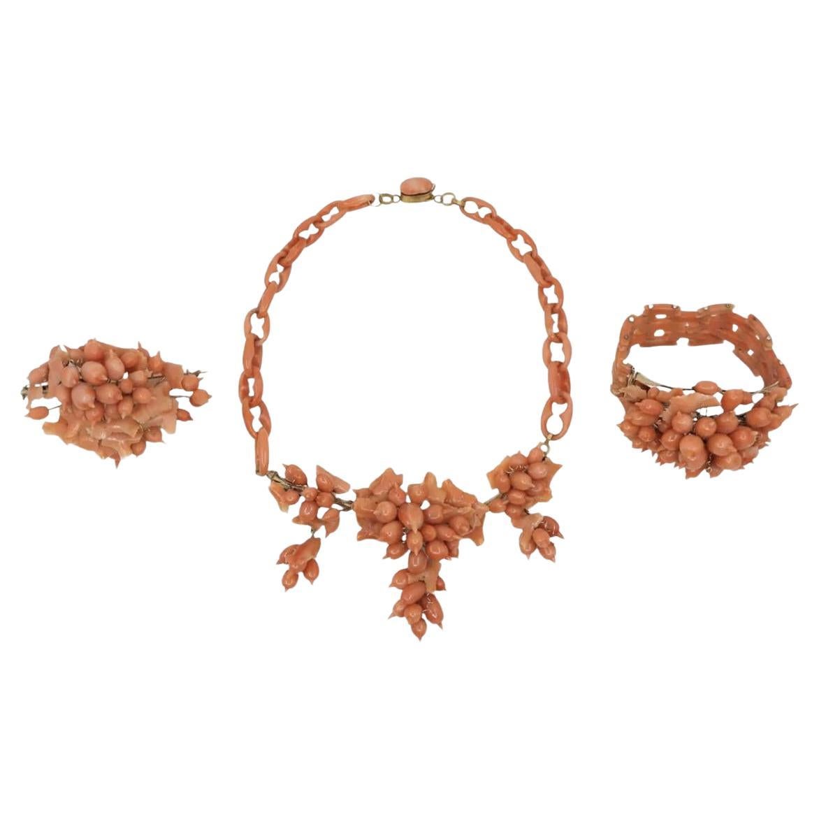 A Rare Antique Victorian Coral Parure - Coral Necklace, Bracelet & Brooch